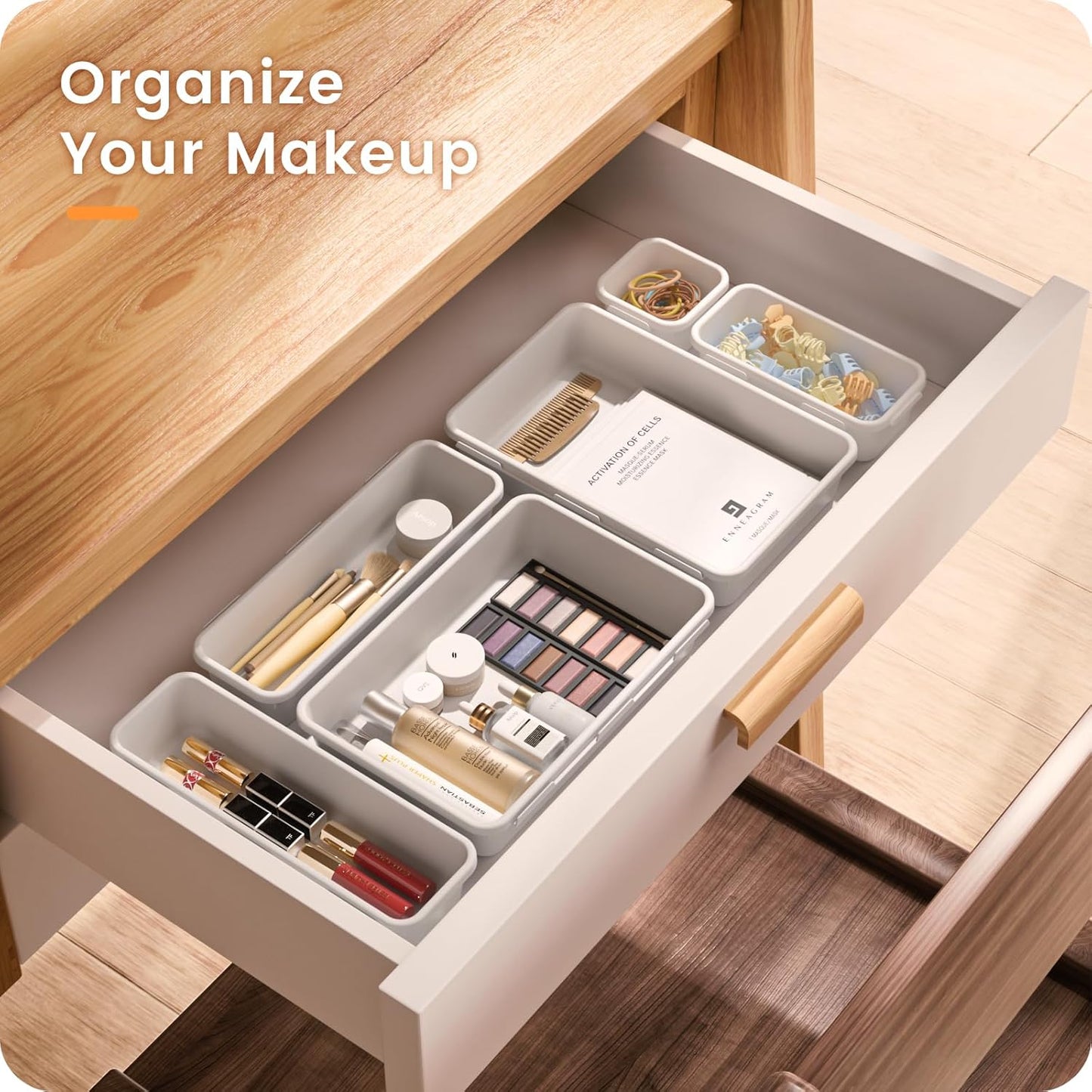 【28PCS】A-LUGEI Drawer Organizer, Bathroom Organizers and Storage, Makeup organizer, Desk drawer organizer, Storage Bins for Kitchen Office Bedroom Vanity Jewelry Pantry Garage【White】【4Size】