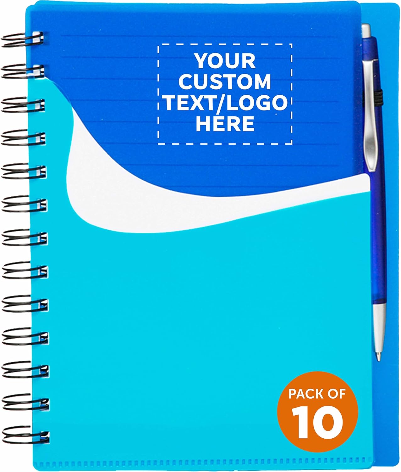 DISCOUNT PROMOS Custom Spiral Notebooks with Front Pocket Set of 10, Personalized Bulk Pack - Durable Plastic Cover, Includes Matching Pen in Blank Ink, Perfect for School, Office, Home - Blue