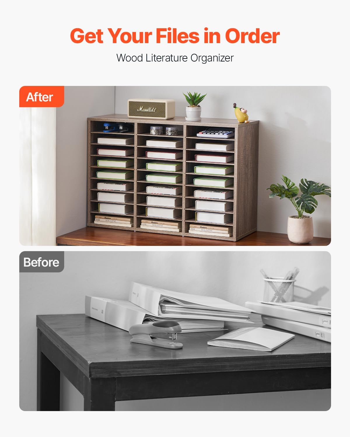 VEVOR Literature Organizer, 27 Compartments Office Mailbox with Removable Shelves, Wood Mailbox Sorter Particle Board Office Home Classroom Storage, File Sorter for File, Document, Paper, Black-Grey