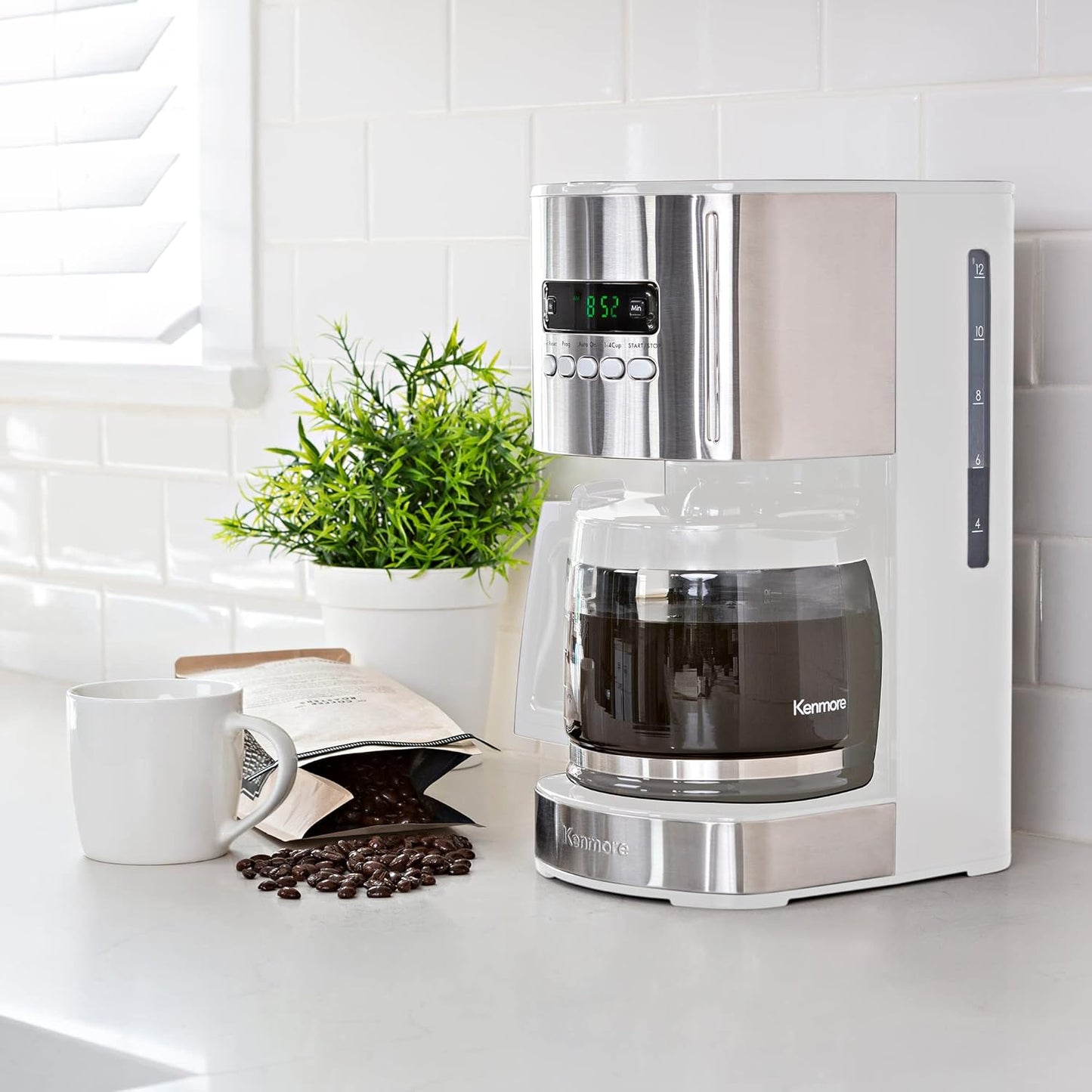 Kenmore drip Coffee Maker - 12 Cup programmable cafe machine with glass pot, regular & bold brew, auto shut off large water reservoir, reusable filter, kitchen appliances for cafeteria barista, White