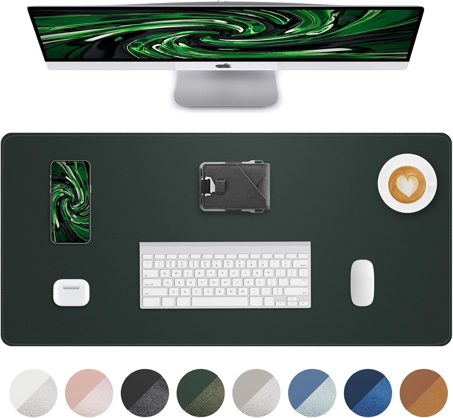 Leather Desk Pad Protector, Green Office Mat, Non-Slip PU Leather Blotter, Laptop Desk Pad, Waterproof Writing Pad (Dark Green, 31.5" x 15.7")