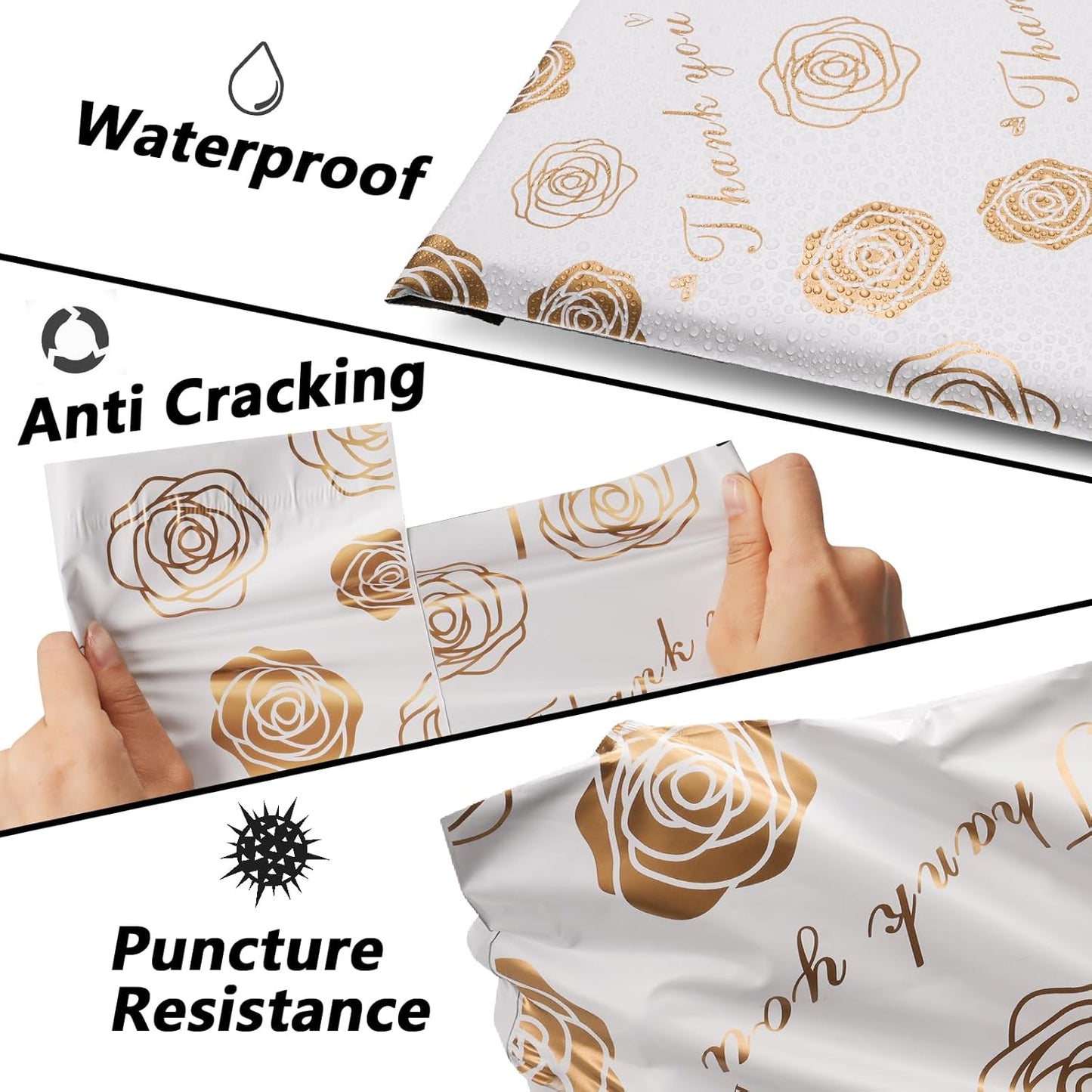 Thank You Poly Mailers 10x13 Inch 25 Pcs - Gold Rose Printed Shipping Bags for Clothing - Waterproof and Tear Resistant Mailing Envelopes - Self-Sealing Packaging Bags for Small Business