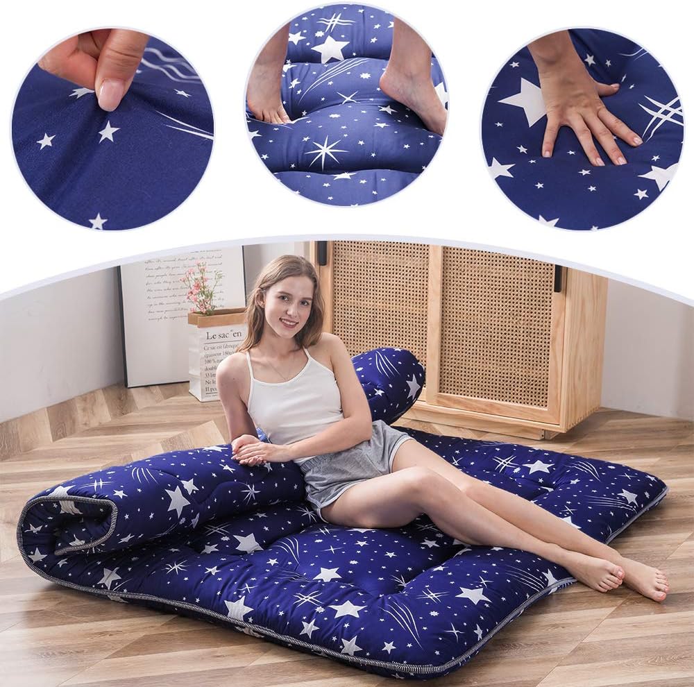 MAXYOYO Navy Starry Sky Japanese Futon Mattress, Tatami Floor Mat, Portable Camping Sleeping Pad, Foldable Roll Up Lounger Bed Full Size with Mattress Protector Cover
