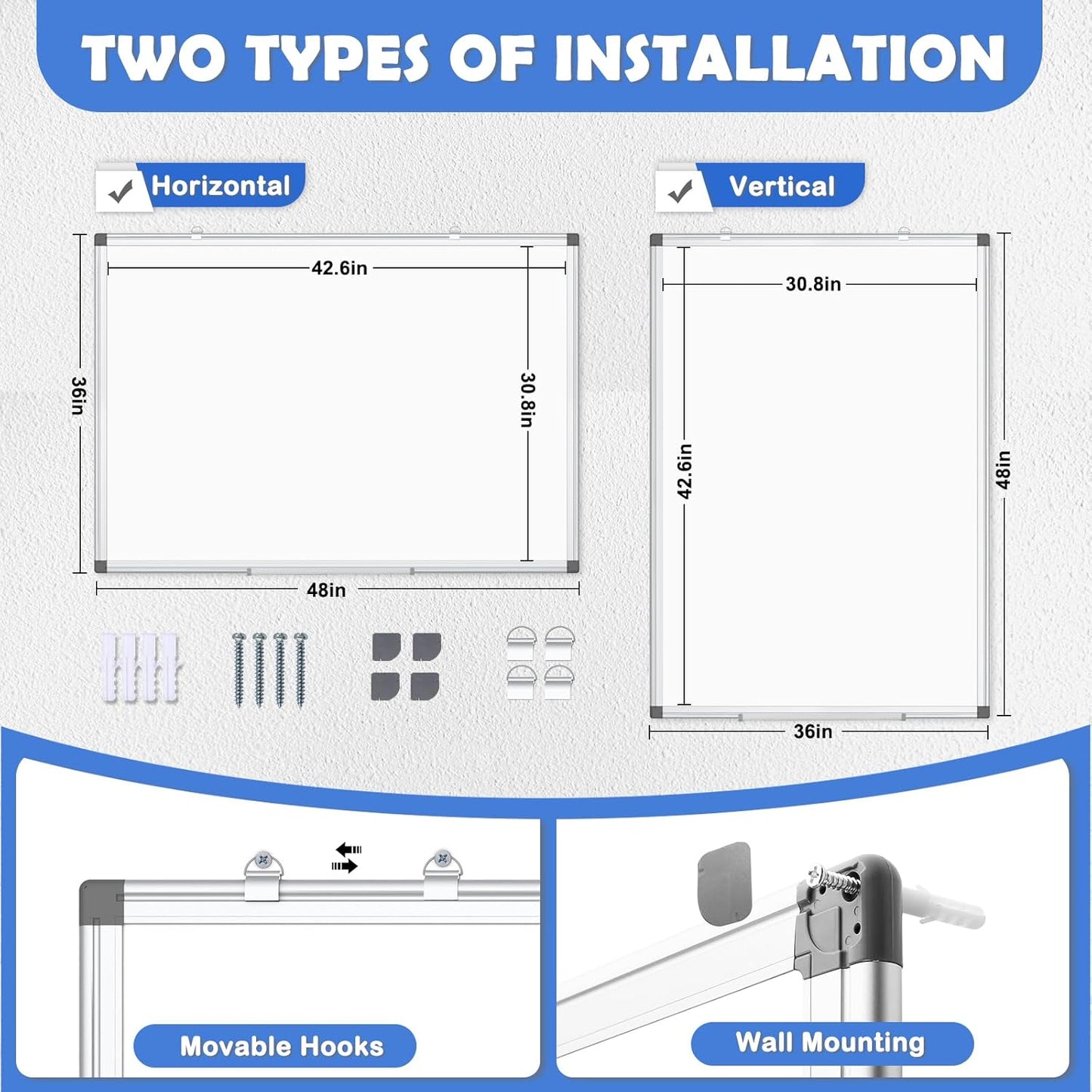 WALGLASS 2 Pack Large Whiteboard, 48" x 36" Double-Sided Large Dry Erase White Board for Wall, Hanging Whiteboard with Silver Aluminium Frame for Home, School, Office, Kitchen