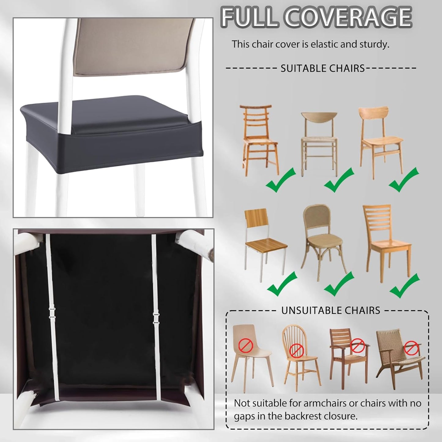 CWK Waterproof PU Leather Dining Chair Covers Set of 4-Stretchable Chair Seat Slipcovers, Removable & Washable Protector for Dining Room,Home,Office,Wedding,Rear Covers (PU-Grey)