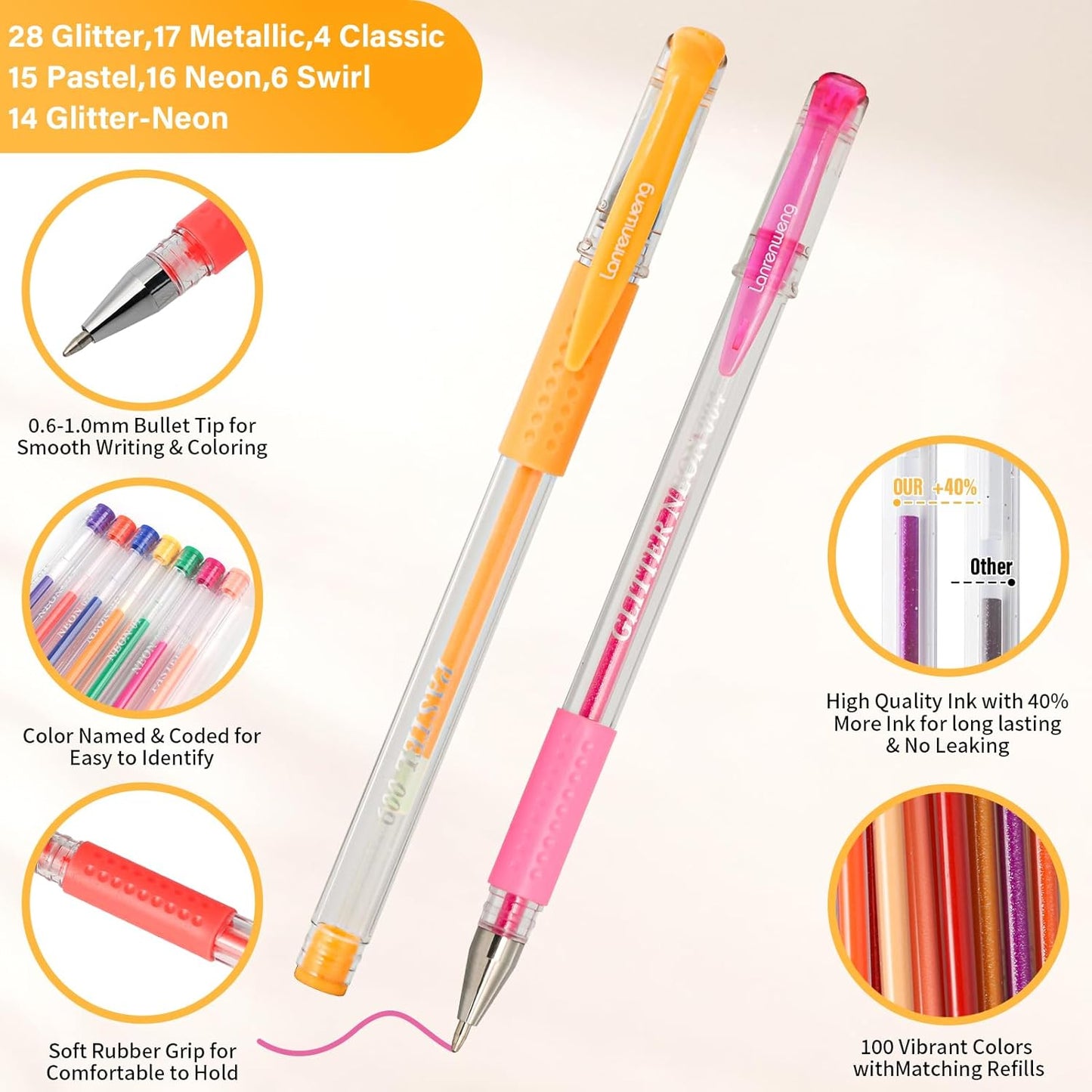 200 Pack Gel Pen Set 100 Colored Gel Pen with 100 Refills,Glitter Gel pens 40% More Ink with Canvas Bag for Kids Coloring Books Drawing Crafts Scrapbooks Journaling Planner