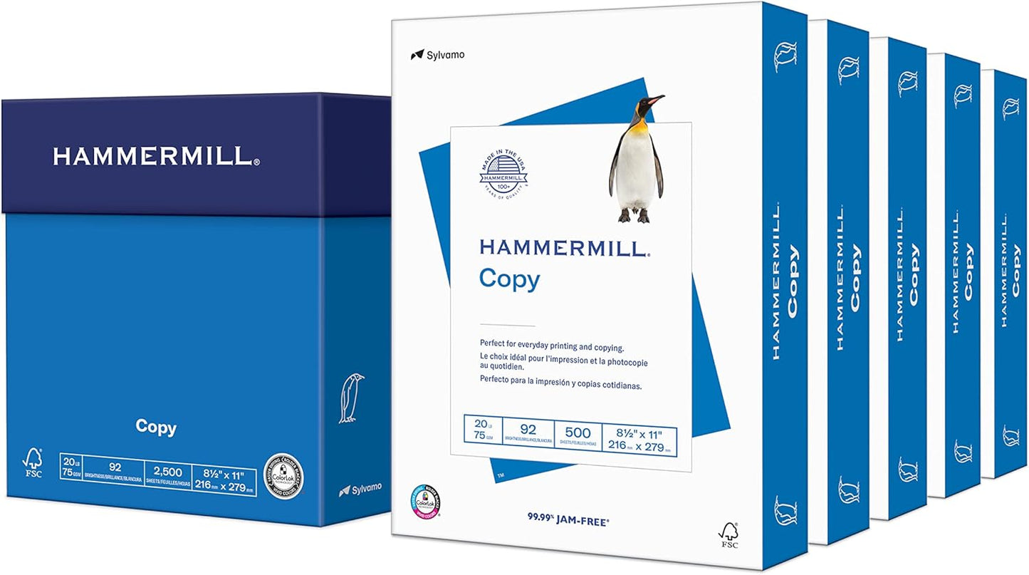 Hammermill Printer Paper, 20 lb Copy Paper, 8.5 x 11 - 5 Ream (2,500 Sheets) - 92 Bright, Made in the USA