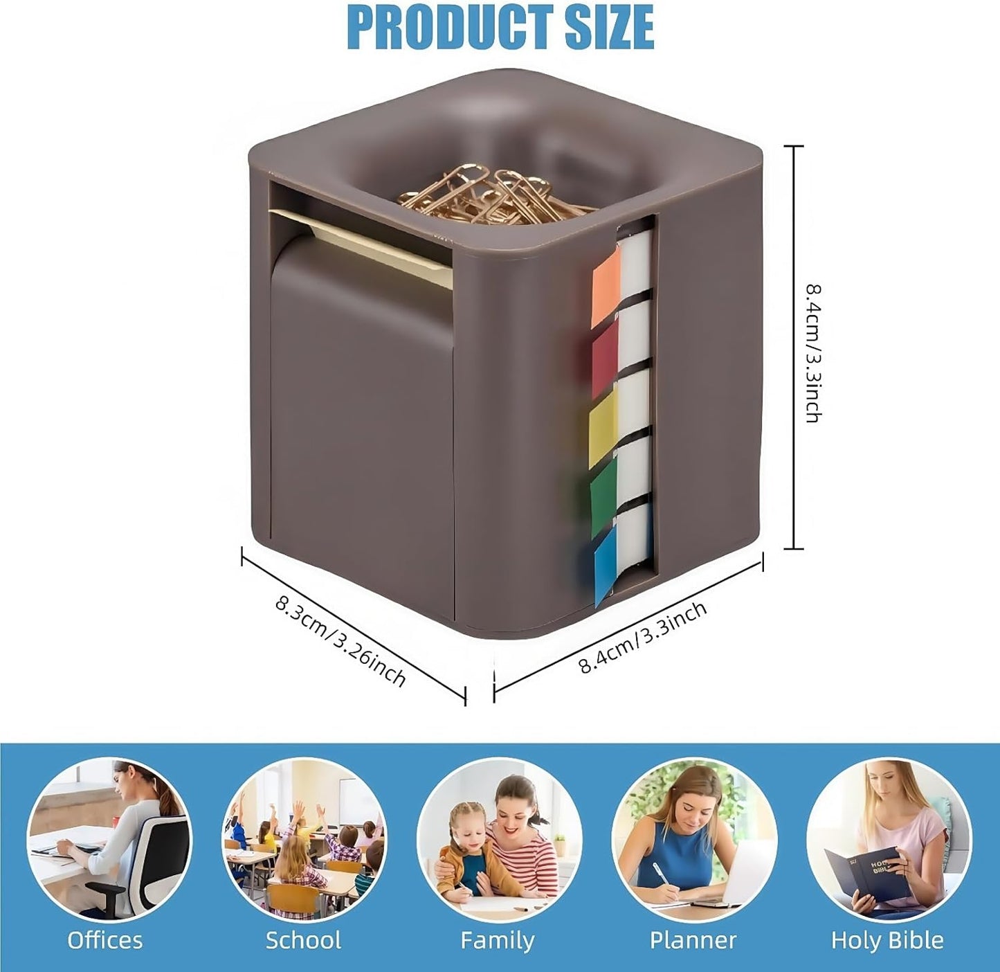5-in-1 Sticky Note Holder and Dispenser with Magnetic Paper Clip Holder, 3x3 Pop-Up Note and Annotation Labels, Full Adhesive Note Roll Desktop Organizer for Office, Study Room (Brown)