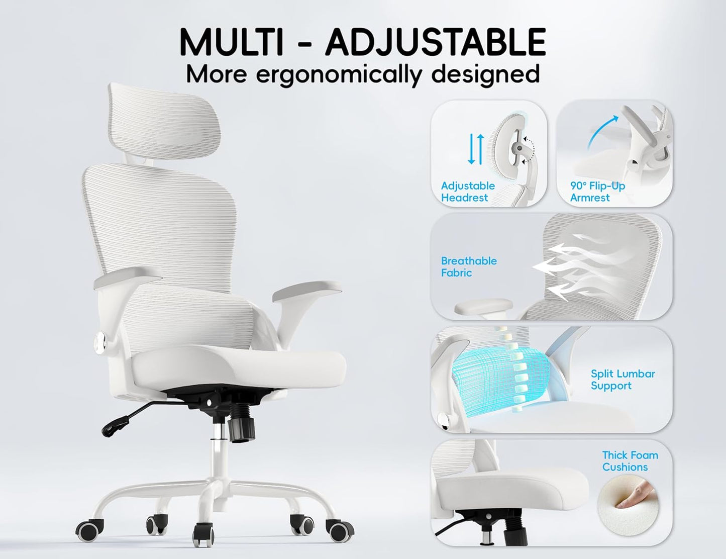 TRALT Office Chair - Ergonomic Office Chair with Back Support, Computer Chair - Home Office Desk Chairs, 330lbs Wide Seat Big and Tall Office Chairs with Headrest, Comfy Desk Chairs (White)