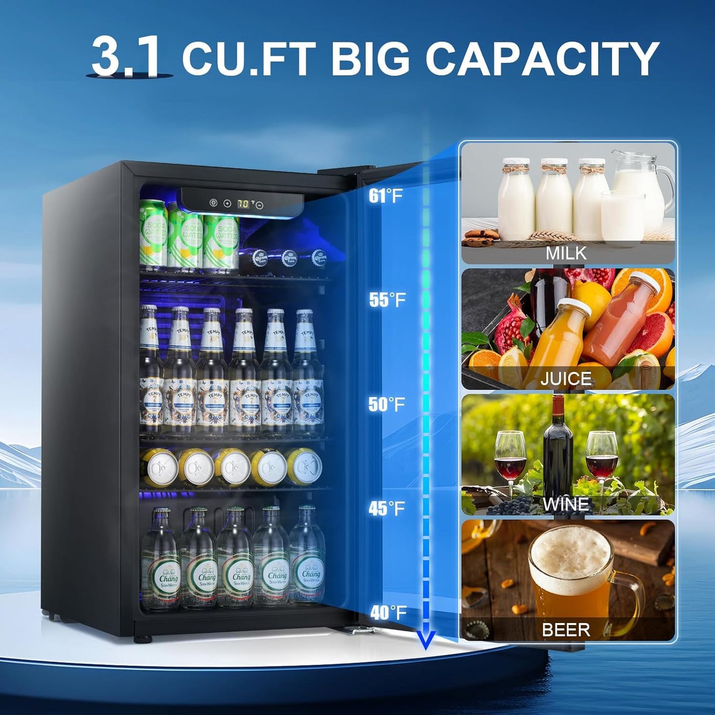 Antarctic Star Beverage Refrigerator -120 Can Mini Fridge for Soda Beer or Wine,Small Drink Dispenser, For Office or Bar with Adjustable Removable Shelves，Convertible Door ，3.1 Cu.Ft