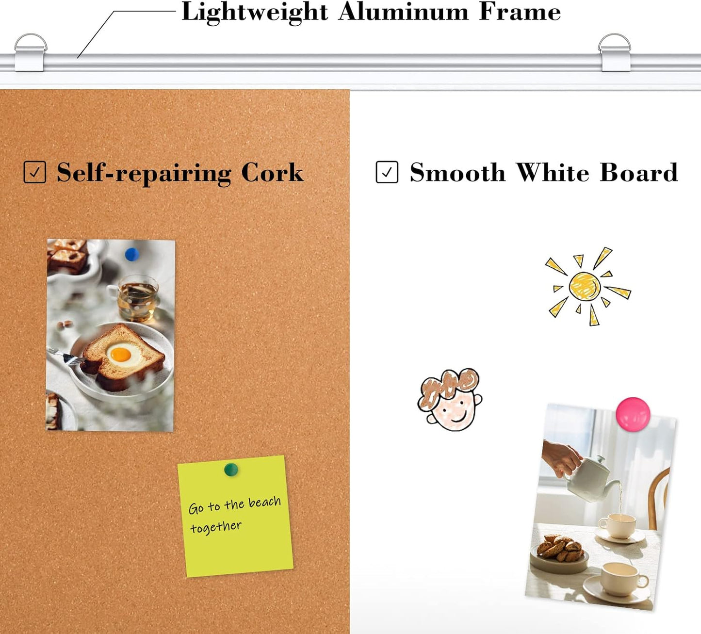 WALGLASS Combination Magnetic Whiteboard & Corkboard, 24"x18" Combo for School, Office & Home, Dry Erase Board with Removable Tray, Pins, Eraser, Markers & Magnets