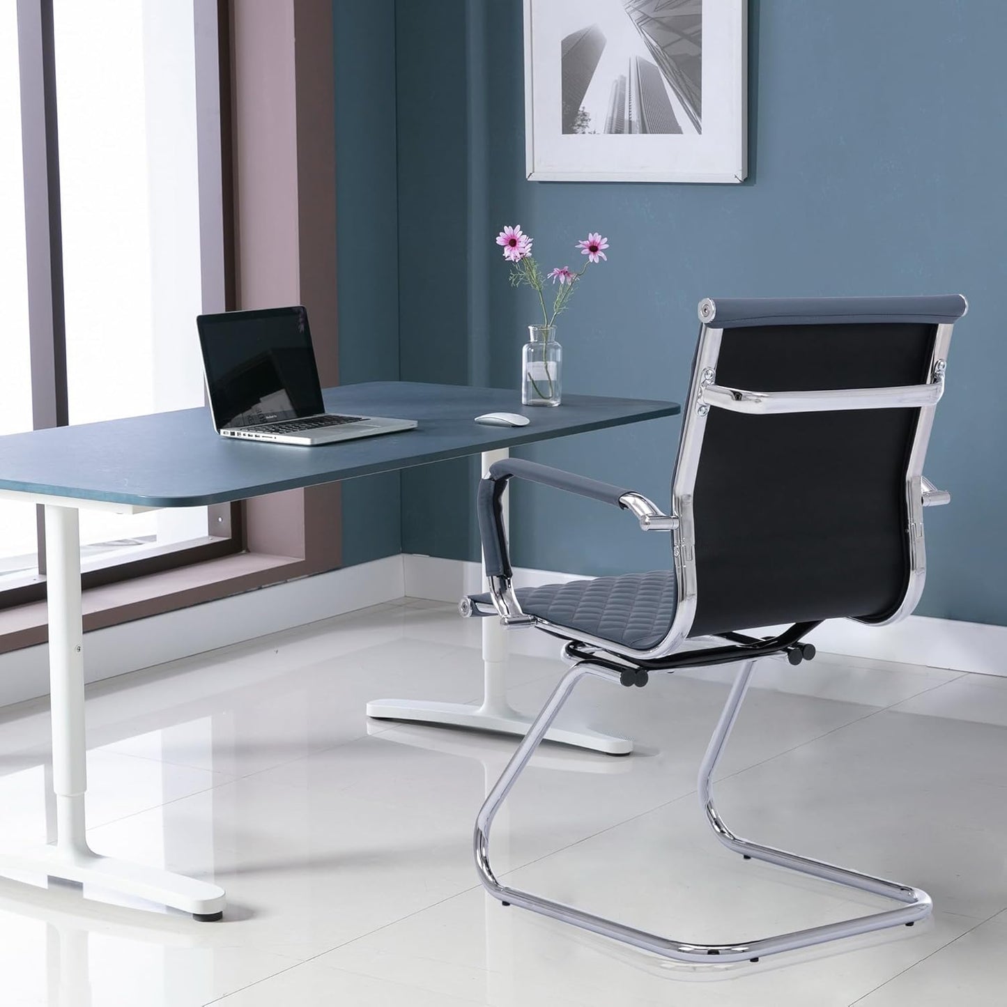 Office Guest Chairs Reception Chairs Waiting Room Chairs Set of 2 Conference Room Chair with Mid Back, Modern PU Leather Desk Chairs, Navy