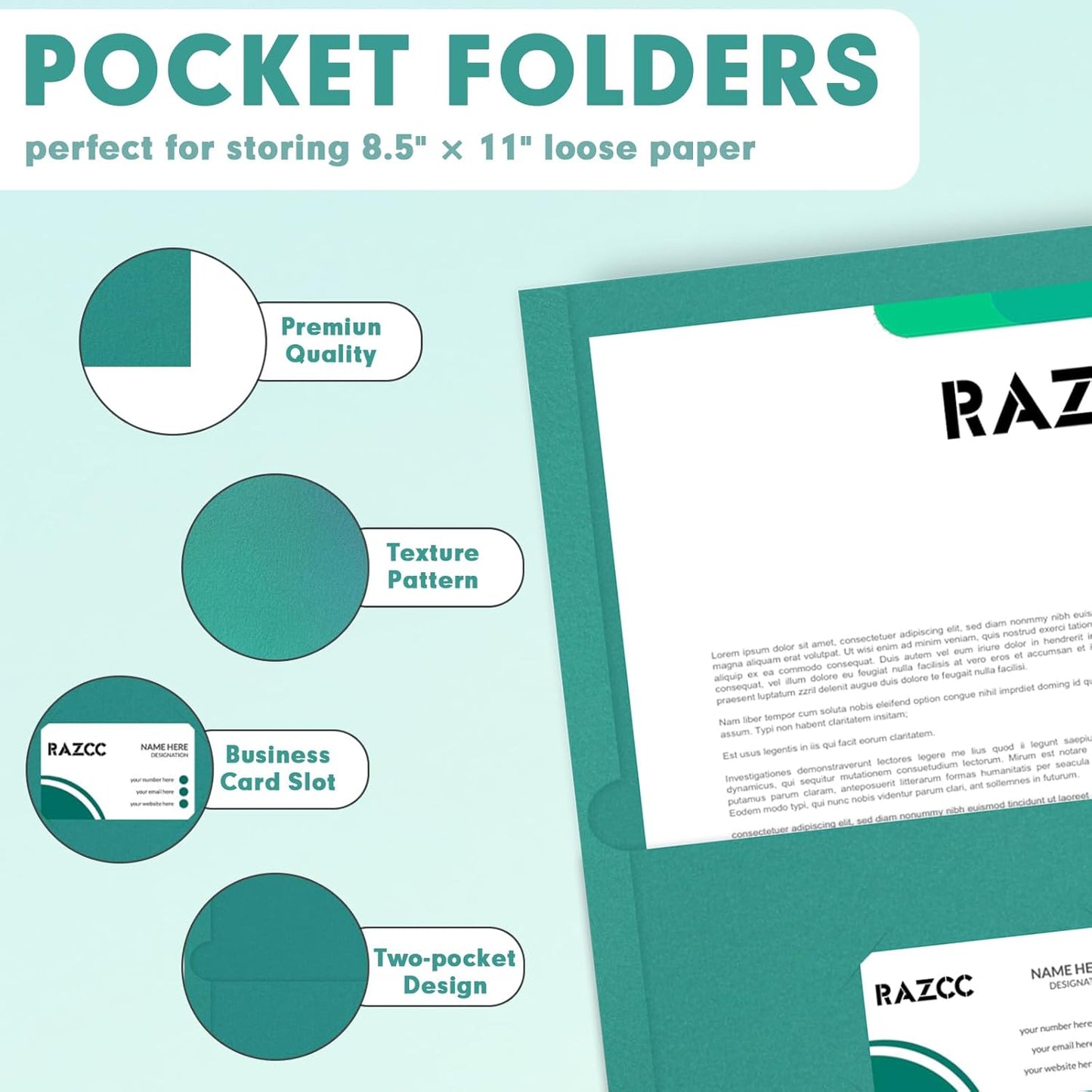 Two Pocket Folders, RAZCC 50 Pack 2 Pocket Folders Fit Letter Size Paper, Paper Folders with Pockets for School Office Business Home, Turquoise