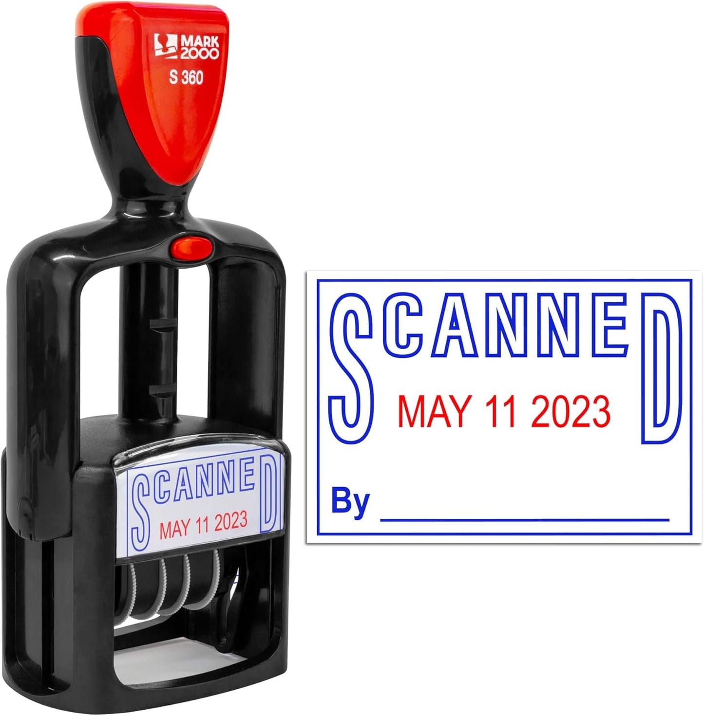 Self-Inking Rubber Date Office Stamp with Scanned Phrase - Blue Ink & Date Red Ink - 12-Year Band