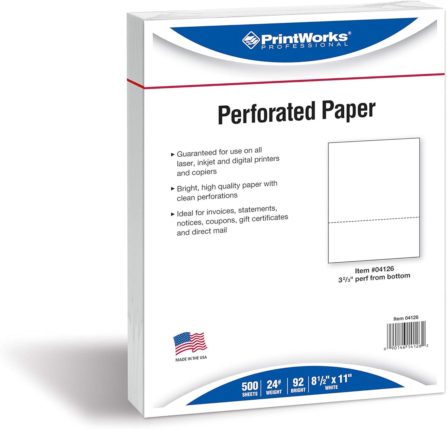 PrintWorks Professional 3 2/3" Horizontal Perforated Paper 8.5” x 11” - Perfect For W-2, 1099, & Statement Use - Made in the USA - 500 Sheets - 20 lb - Printer Compatible - White (04124)