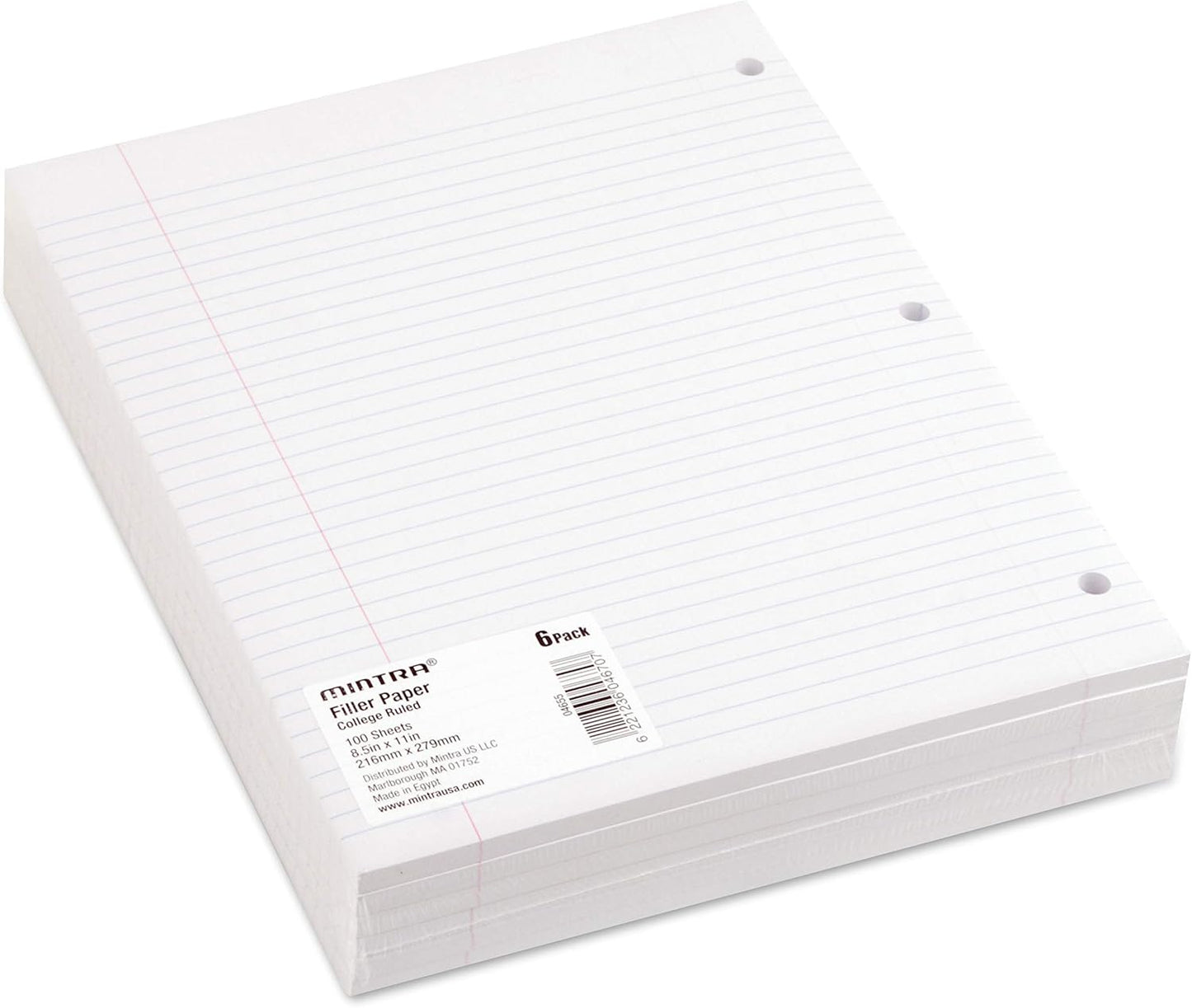 Mintra Office Filler Paper (College Ruled, 600 Sheets (6pks of 100)) - for 3-Ring Binder, Notepaper, Loose leaf filler paper, punched, bulk pack