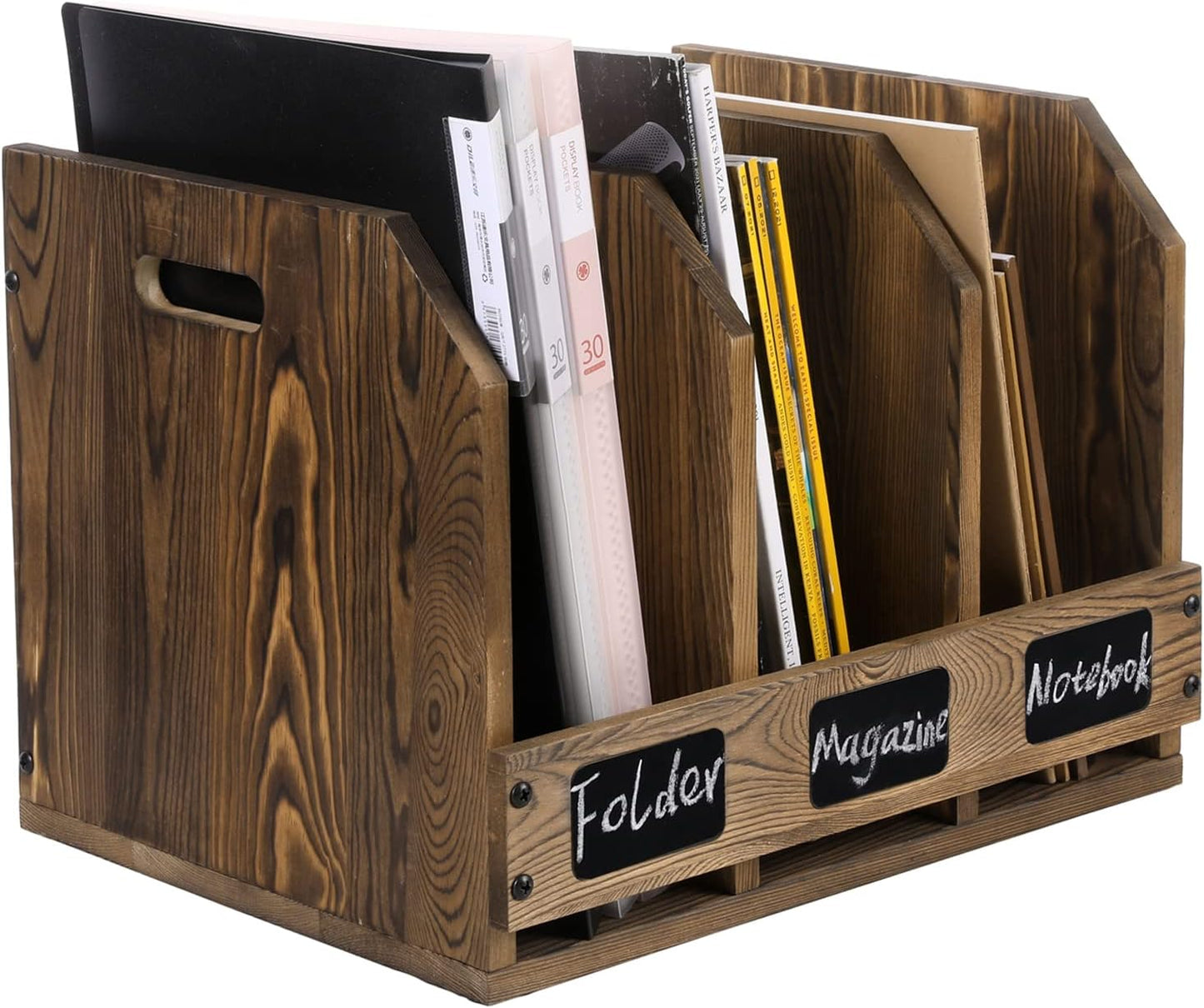 MyGift Office Desktop Document File Folder Rustic Burnt Brown Wood Binder Storage Organizer Rack with 3 Compartments and Chalkboard Labels
