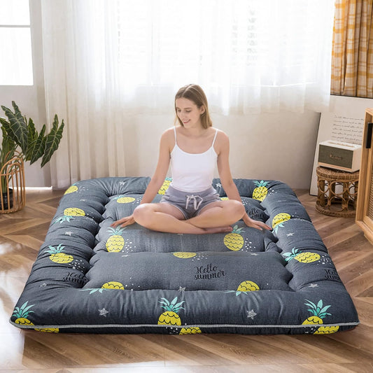 Grey Pineapple Japanese Floor Futon Mattress, Tatami Floor Mat Portable Camping Mattress Kids Sleeping Pad Foldable Roll Up Floor Lounger Couch Bed Queen Size with Mattress Protector Cover