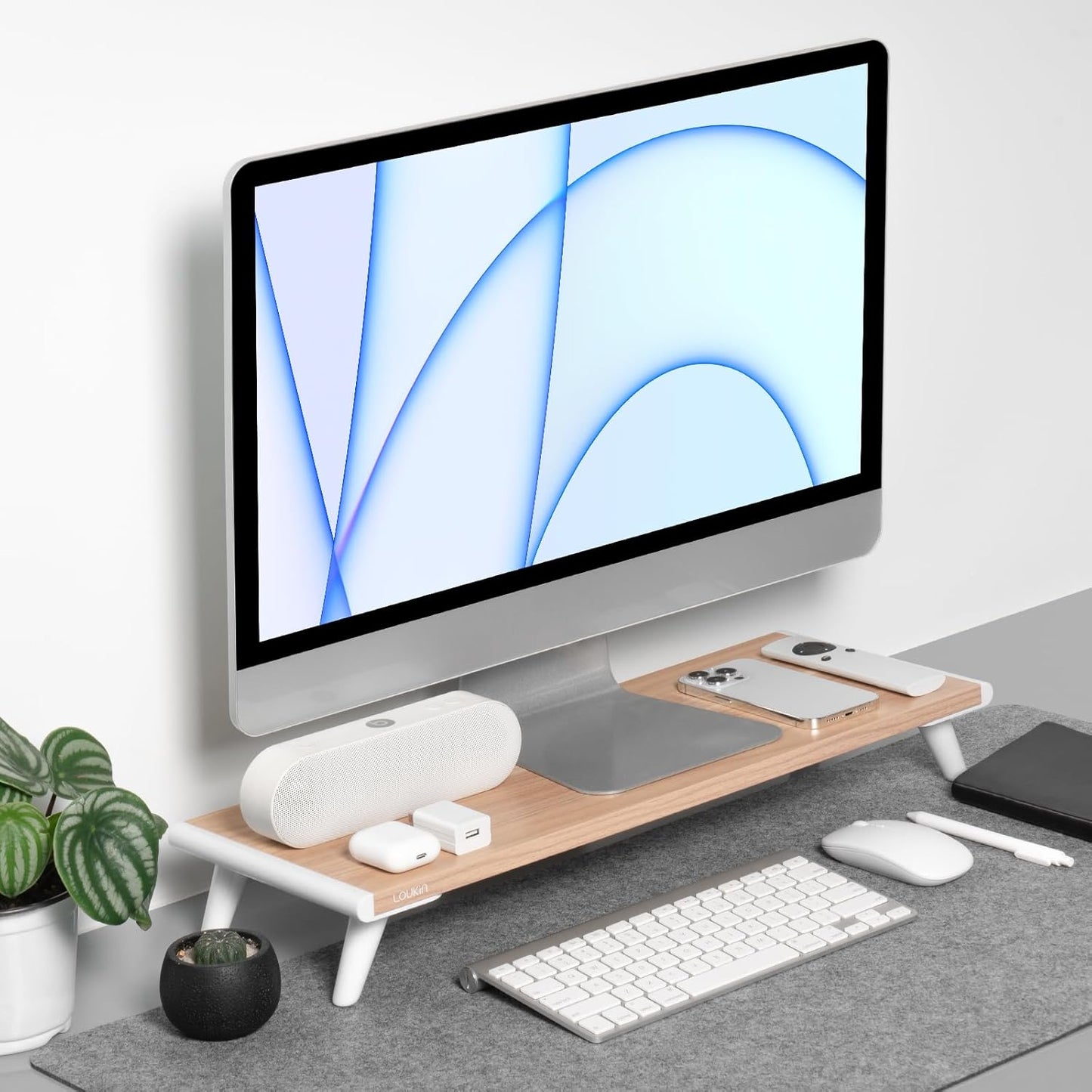 loukin Monitor Stand Riser for Desk, 22.4" x 8.3" Larger Computer Stand for Laptop, PC, Printer, Sturdy Desktop Computer Shelf with Non-Skid Rubber, Home Office, Natural Wood