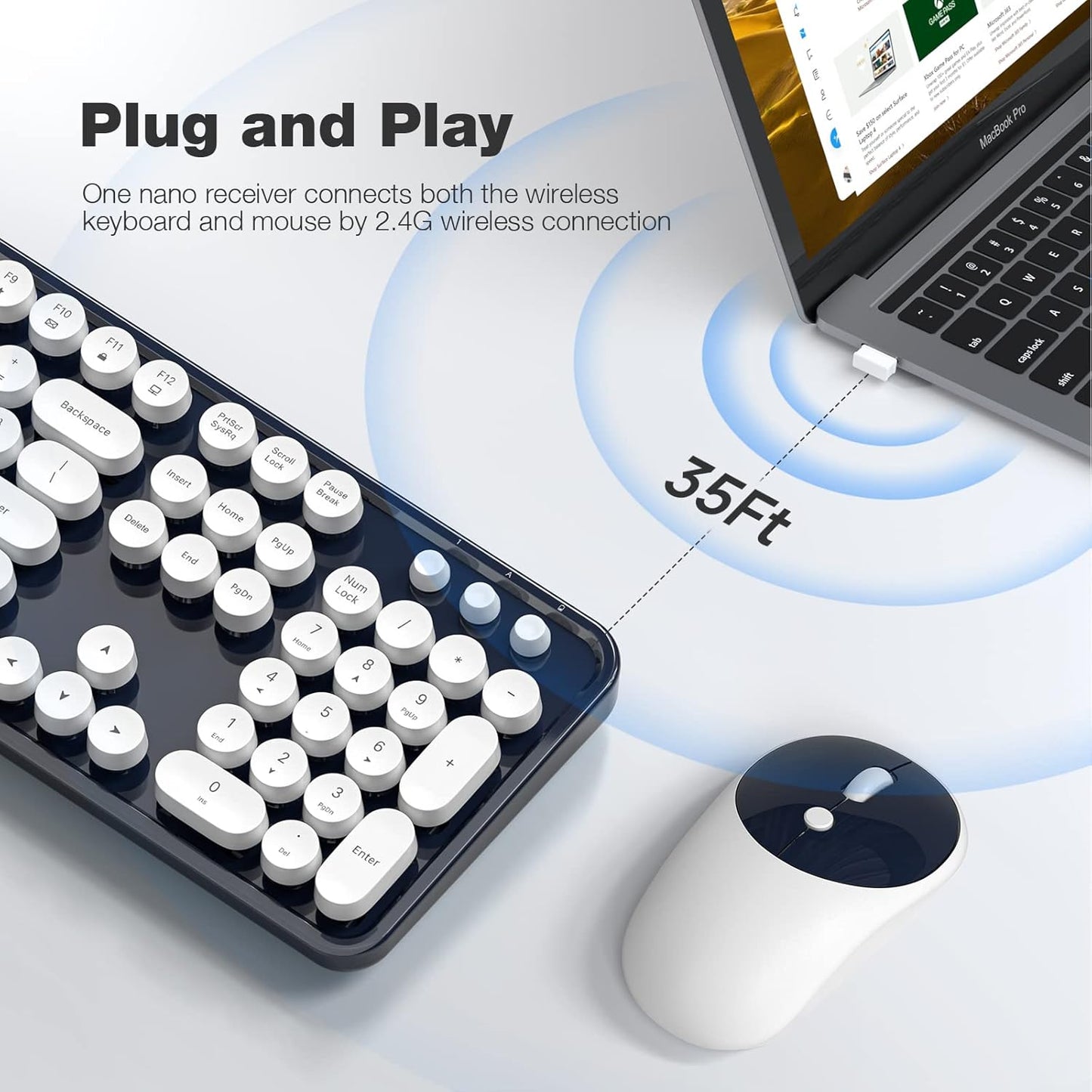 MOFII Wireless Keyboard and Mouse Combo, Dark Blue 2.4G Full Size Keyboard, Round Key Typewriter Keyboards and Cute Mice with 2 in 1 USB Dongle, for PC Laptop Chromebook Smart TV