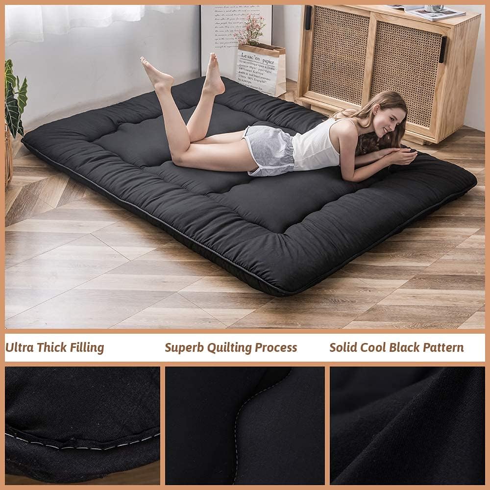 MAXYOYO Japanese Floor Mattress Futon Mattress, 4" Thicken Tatami Mat Sleeping Pad Foldable Roll Up Mat Boys Girls Dormitory Pad Kids Floor Lounger Pillow Bed, Black, Queen