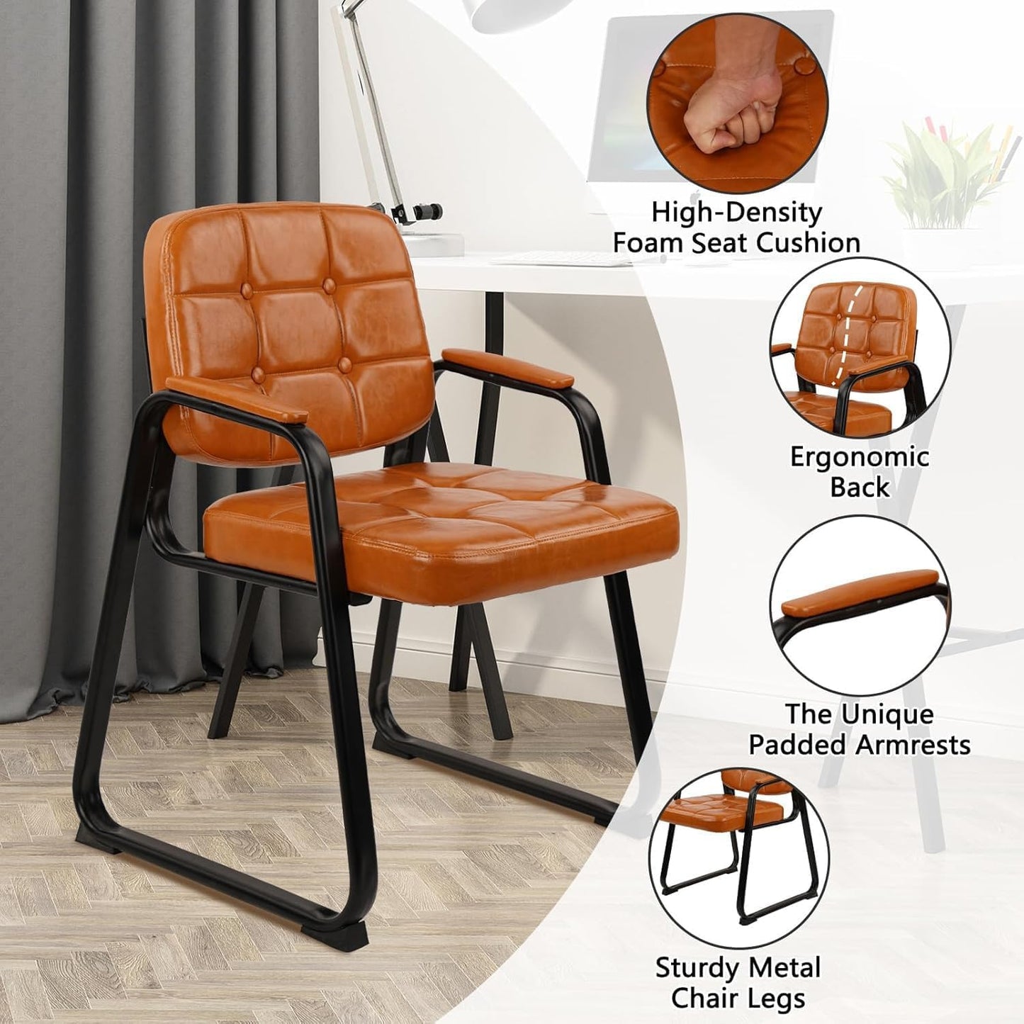 CLATINA Office Guest Chair, Leather Reception Chairs with Padded Arms, Desk Chair No Wheels Stationary for Conference Lobby Waiting Room Training Side Elderly, Set of 8-Orange