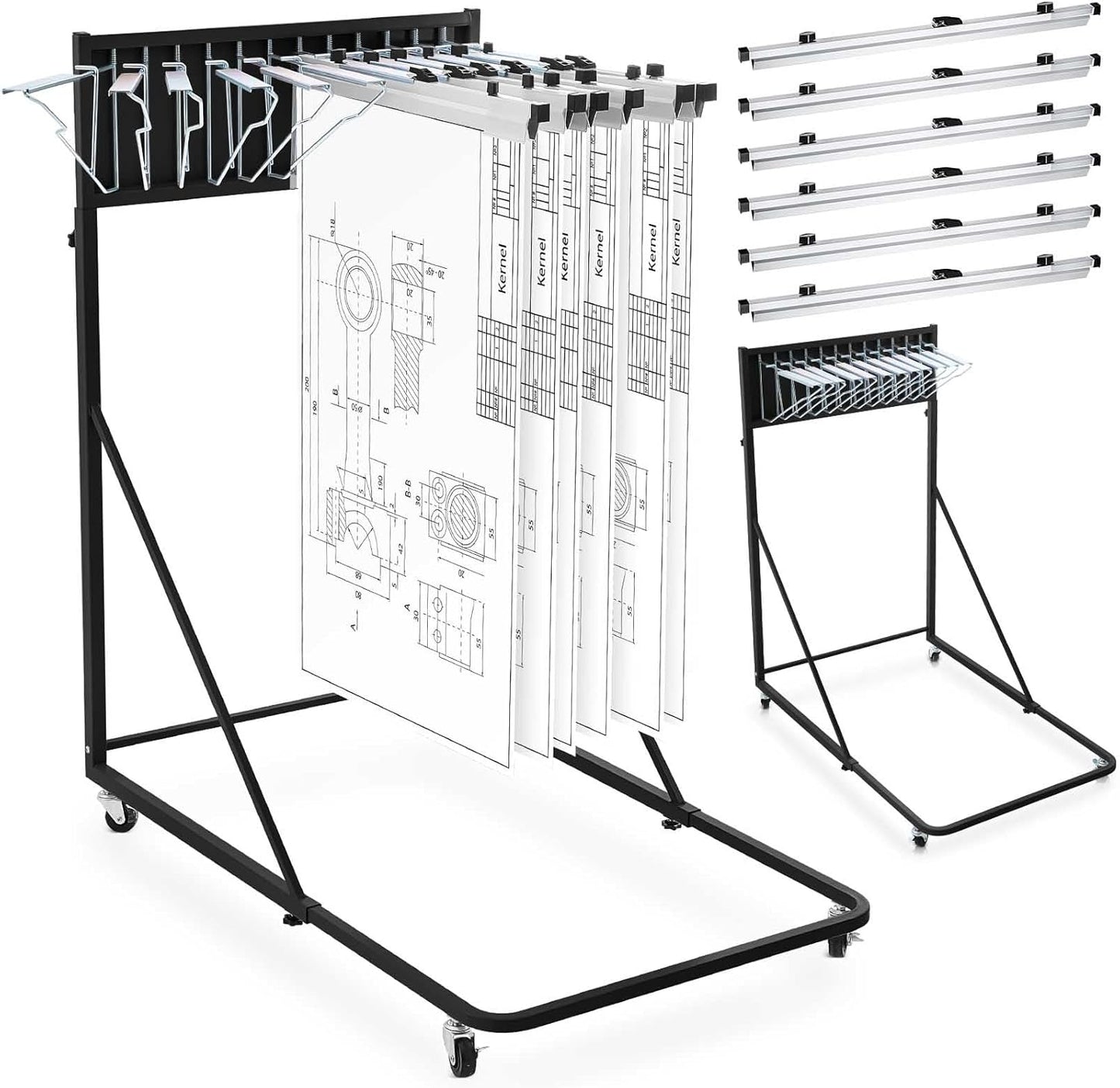 Estune Mobile Blueprint Holder Rack, Adjustable Mobile Blueprint Holder with 6 30 In Hanging Clamps 4 Wheels Poster Display Rack Storage Organizer Stand for File Display Plan Office Home(Black)