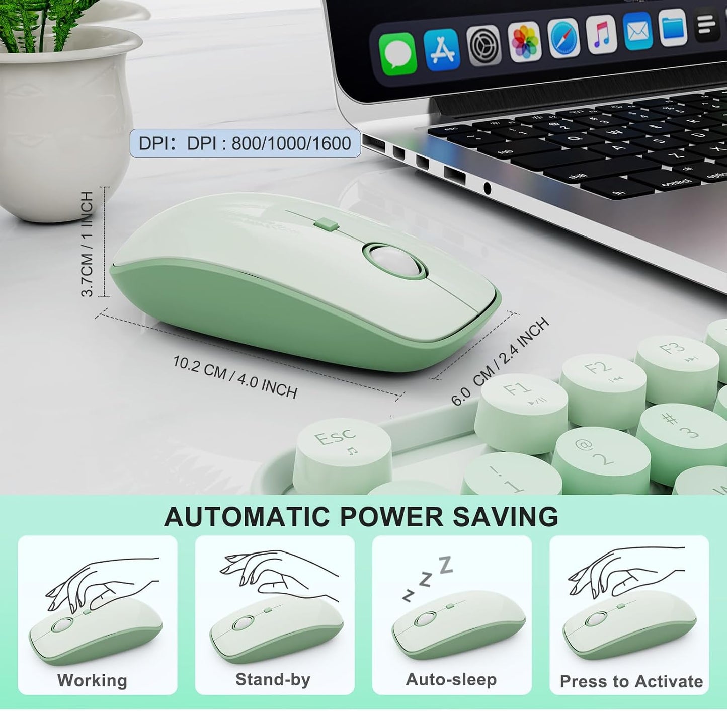 FOPETT Wireless Keyboard and Mouse Combo - 2.4G Full-Sized Cute Colorful Mouse and Keyboard with 104 Round Keys Retro Typewriter Keyboard for Laptop/Windows/PC - Green Gradient