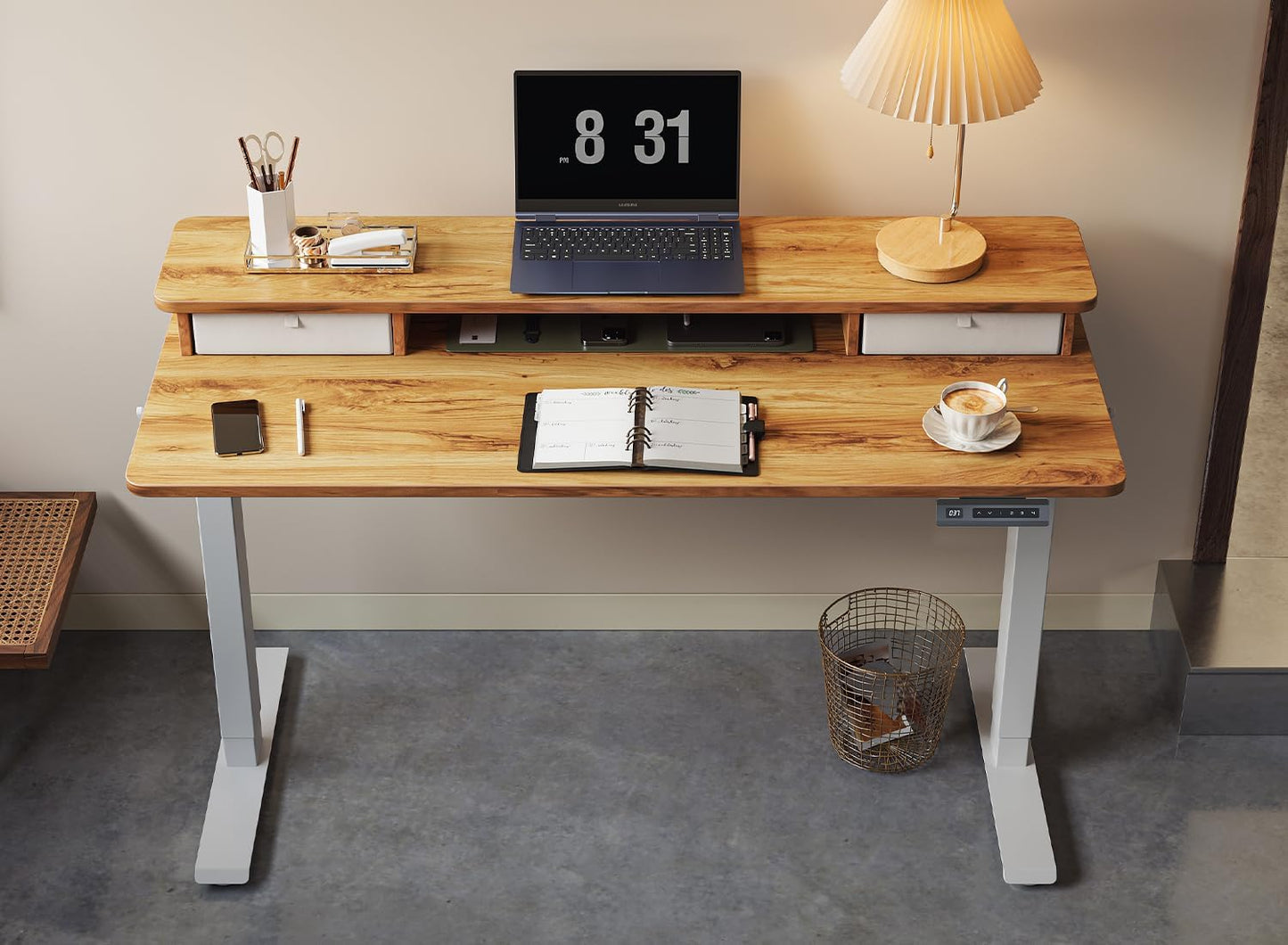 FEZIBO 40 x 24 Inch Height Adjustable Electric Standing Desk with Double Drawer, Computer Desk, Home Office Stand Up Table with 4 Height-Adjustable Feets & 2 Hooks, Light Rustic