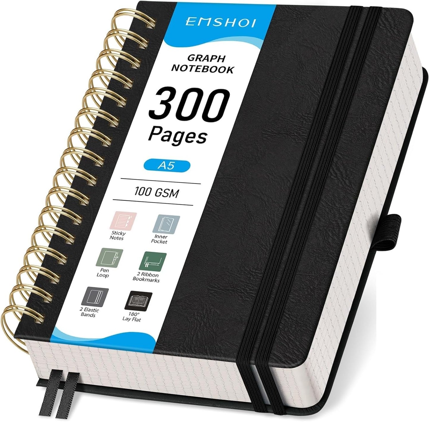 EMSHOI Spiral Graph Paper Notebook - 300 Pages, 100 GSM Thick Grid Notebook, A5 Small Hardcover Leather Journal for Women Men Writing Engineering Graphing, 5.7" x 8.22", Black