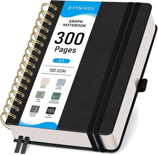 EMSHOI Spiral Graph Paper Notebook - 300 Pages, 100 GSM Thick Grid Notebook, A5 Small Hardcover Leather Journal for Women Men Writing Engineering Graphing, 5.7" x 8.22", Black