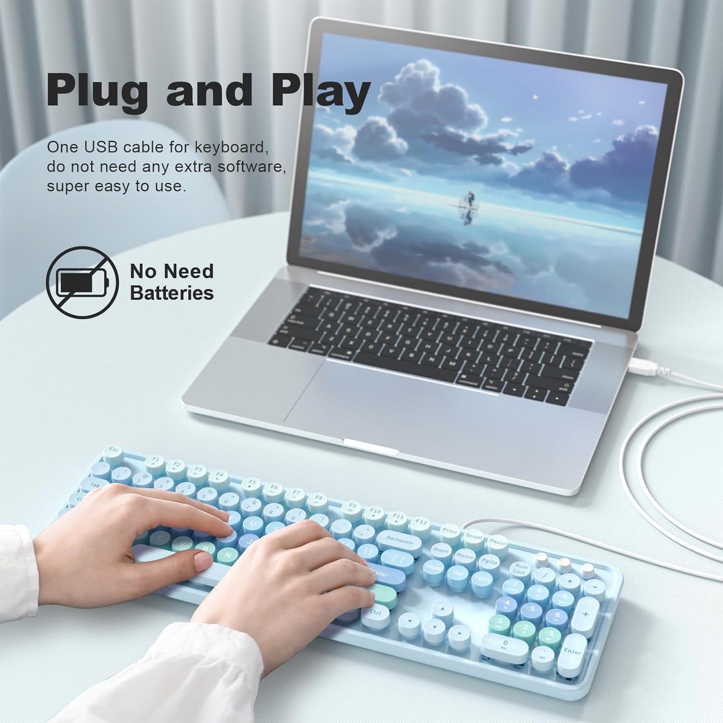 Large Print Keyboard, USB Wired Computer Keyboard with Retro Keycaps, Numeric Keypad and Media Hotkey for Office Desktop PC Laptop and Windows 7 8 10 11 (Blue Colorful)