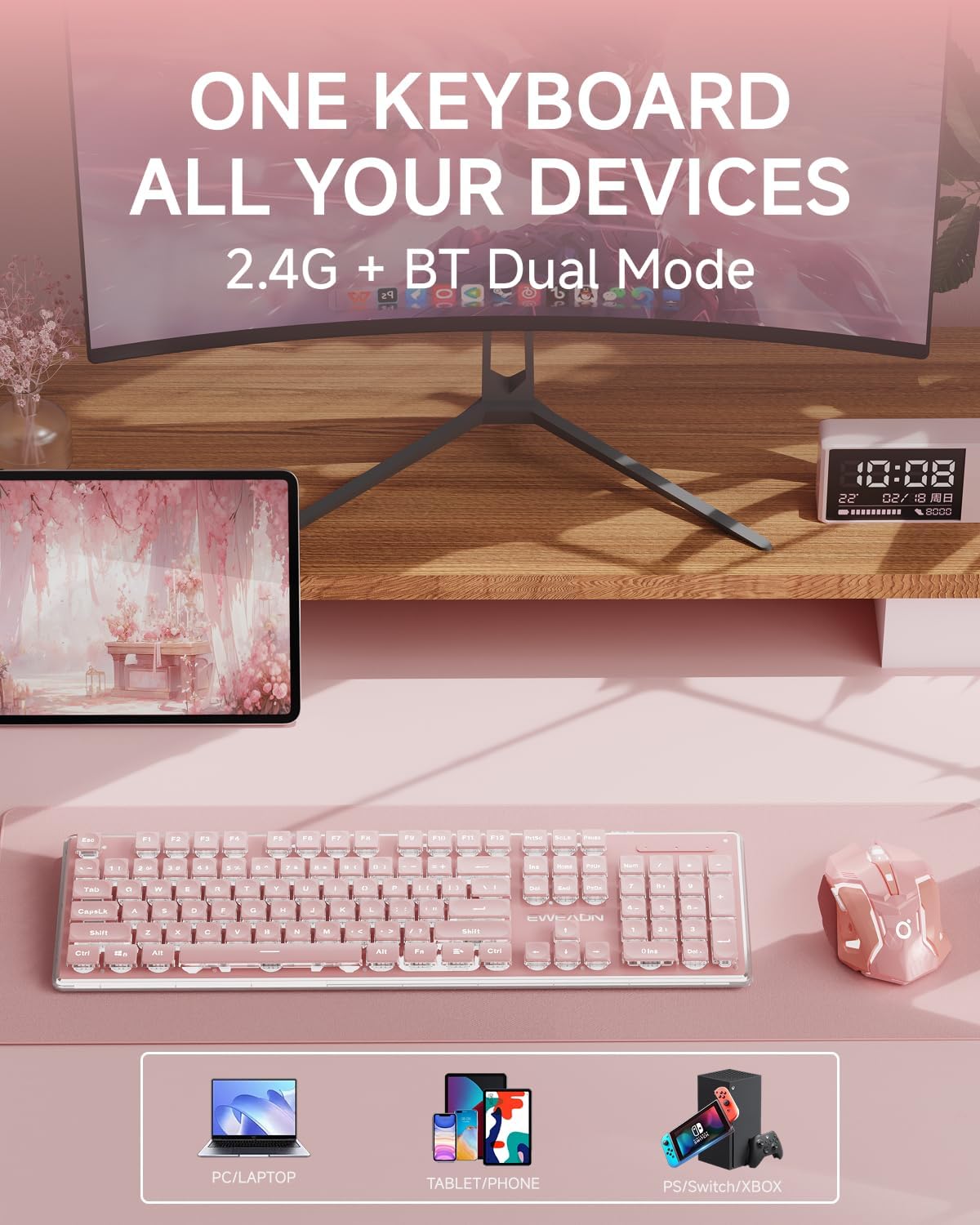 V3 Wireless Keyboard and Mouse with Single Backlit, Metal Panel, Bluetooth/2.4G Rechargeable Computer Keyboard and Mouse Combo Silent Lighted Full Size Cute Keyboards-Pink
