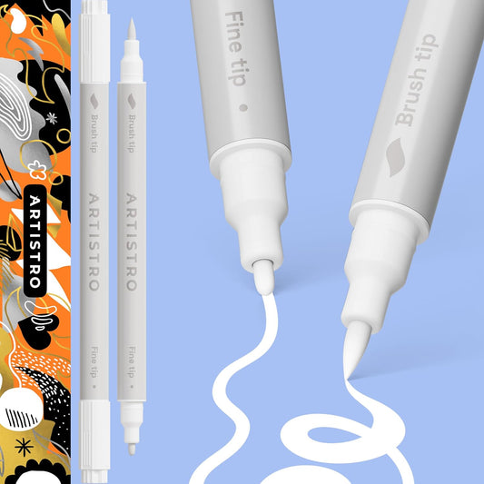 ARTISTRO 2 White Dual-Tip Acrylic Paint Pens - Multisurface Markers for Fabric, Plastic, & More, 1 mm Fine & Brush Tips