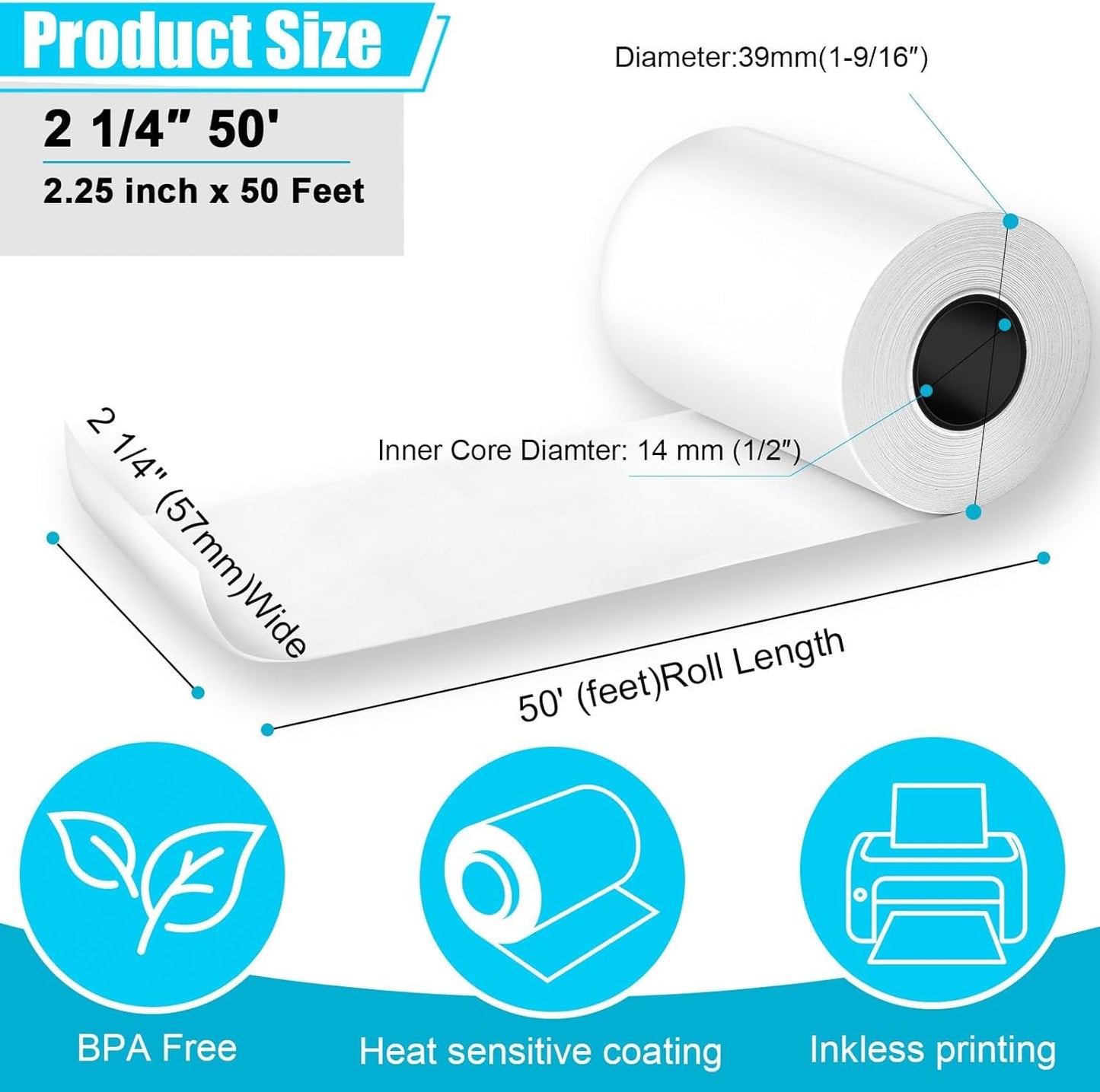 (50 Rolls) 2-1/4" x 50' Thermal Receipt Paper Rolls, BPA Free Thermal Paper Rolls 2.25 x 50 ft Cash Card Machine POS Cash Register Receipt, Thermal Printer Paper Credit Card Terminal, Square Terminal