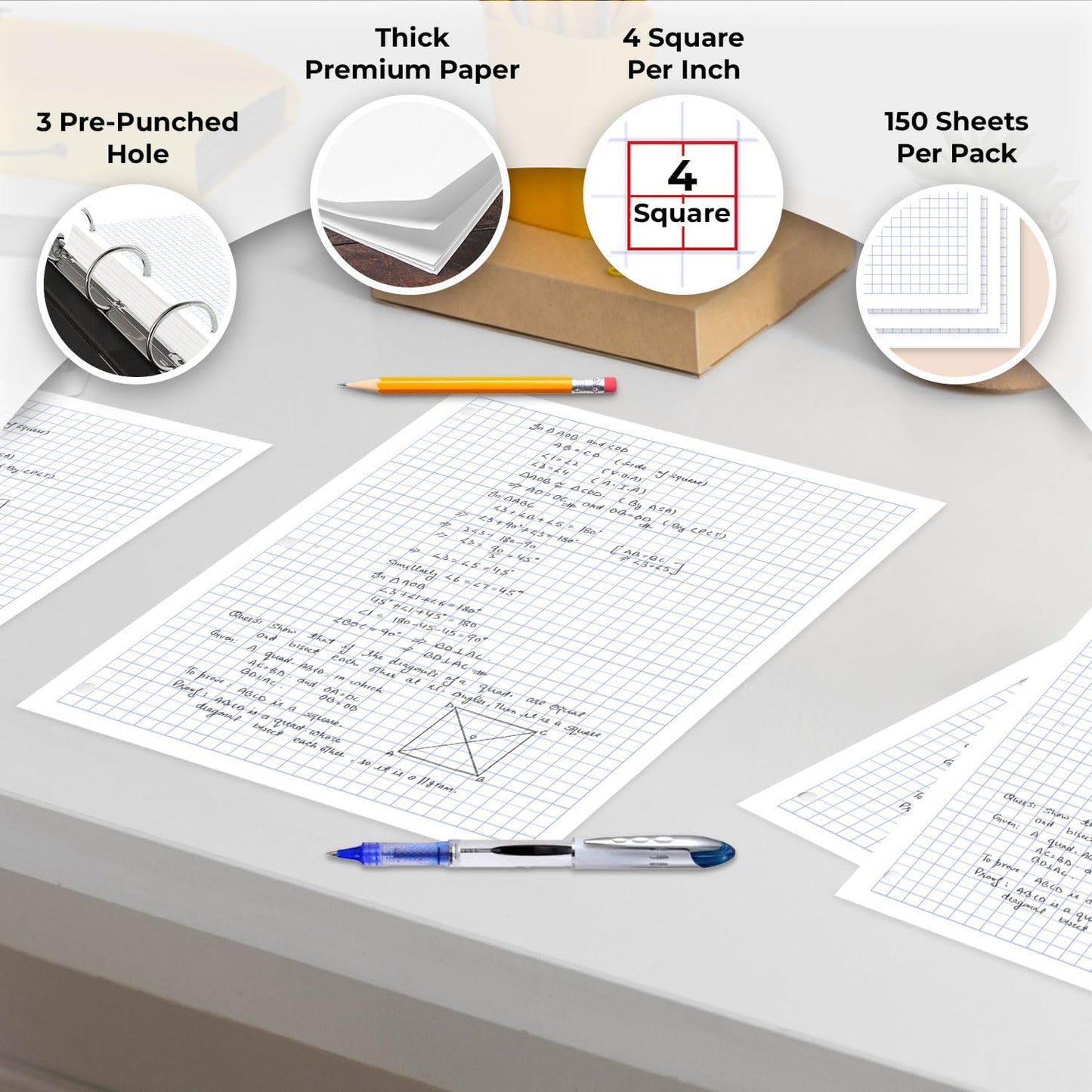 7200 Sheets Graph Paper Bulk, 48 Pack, Bulk Grid Paper, 4x4, 8" x 10.5", 3 Hole Punched, Quad Ruled Sheets, Thick Graphing Paper, Fights Ink Bleed, Bulk Loose Leaf Paper, Bulk School Supplies