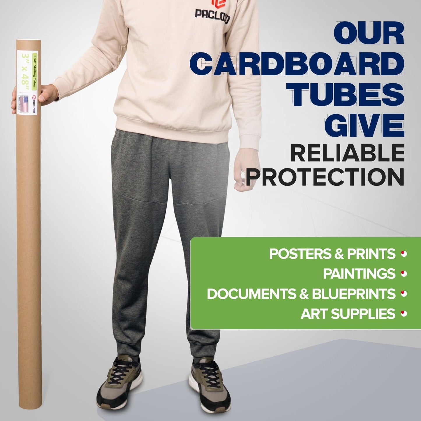 3" x 48" Reinforced Kraft Paper Mailing Tube, Pack of 2 Tubes with 4 Caps – Secure USPS Approved Poster Tube – Cardboard Tube for Shipping and Storing Posters, Prints, Artwork, or Documents