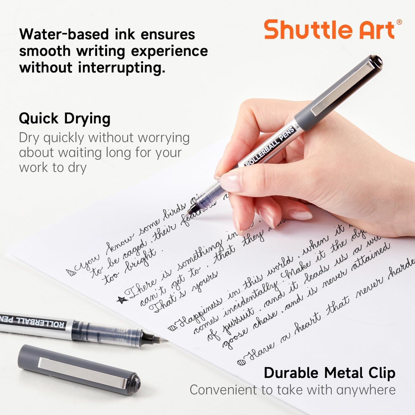 Shuttle Art Rollerball Pens, 10 Pack 0.5mm Extra Fine Point Black Liquid Ink Pens, Quick Drying & Long Lasting Pens Black Ink for Writing, Journaling, Notes Taking, School Office Supplies