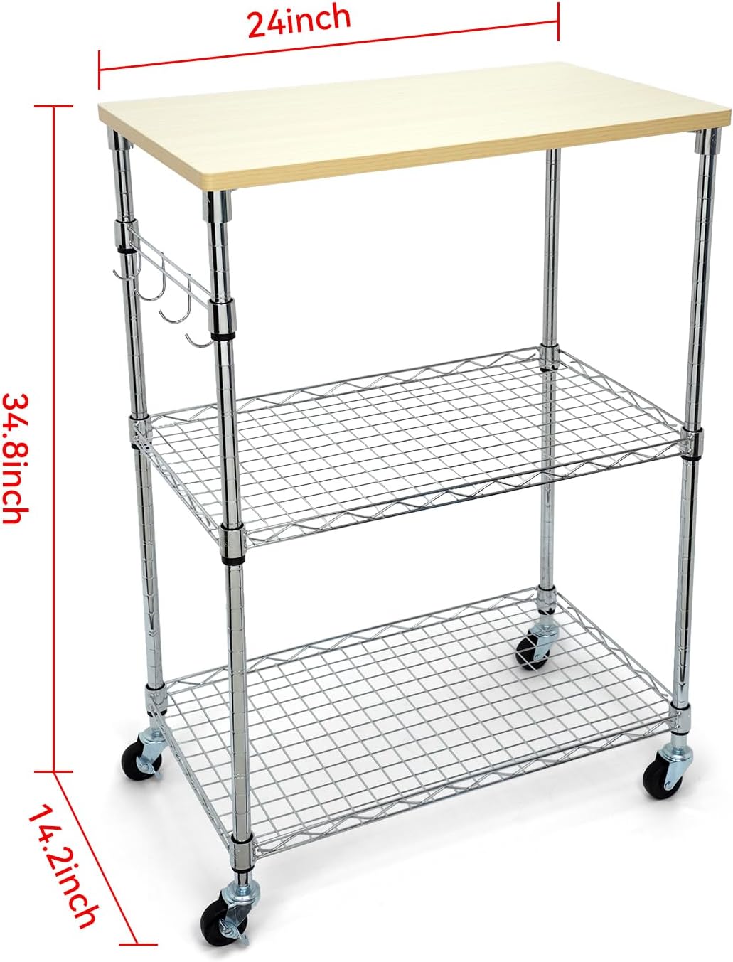 Chrome 3-Tier Rolling Kitchen Cart with Wheels 14" D x 24" W x 34" H and Wood Board Tabletop and 4 Hooks, 300 Pound Capacity, Great for Coffee Cart, Food Service Cart or Utinity and More.