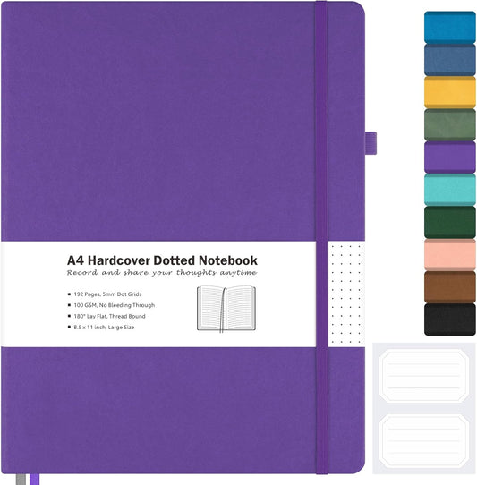 Dotted Journal, Hardcover Notebook 8.5 x 11, Dot Grid Notebook Journal for Women, Men, Large Leather Journals for Writing, Bullet, No Bleed Thick Paper, A4 Notebooks for Work, School, Notes, Purple