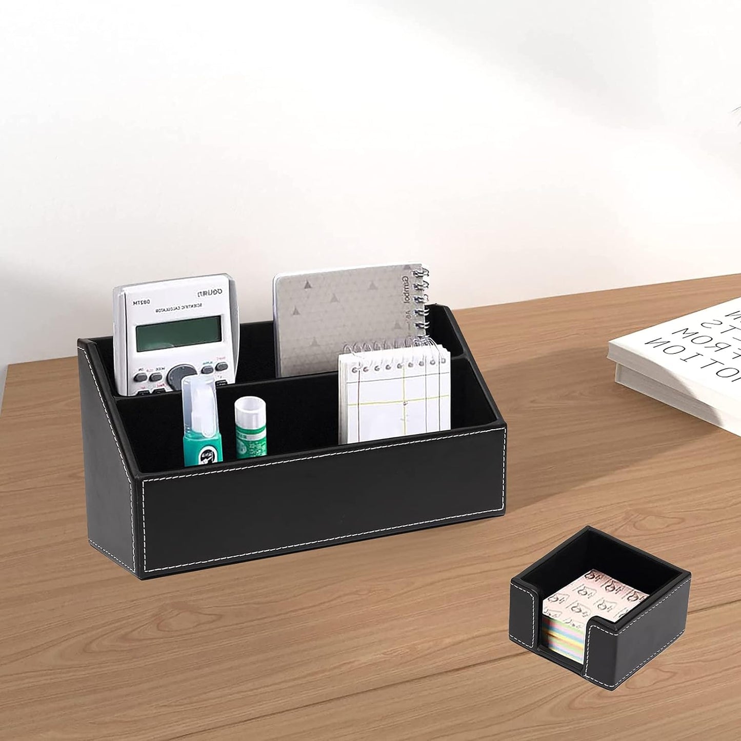 6 Piece Office Supplies/Desk Organizer Set with Desktop Leather Writing Pad,File Paper Tray,Magazine folder Holder, Pen Cup,Sticky Note Holder,Letter Mail Sorter,Workspace Decor for Women Men Black