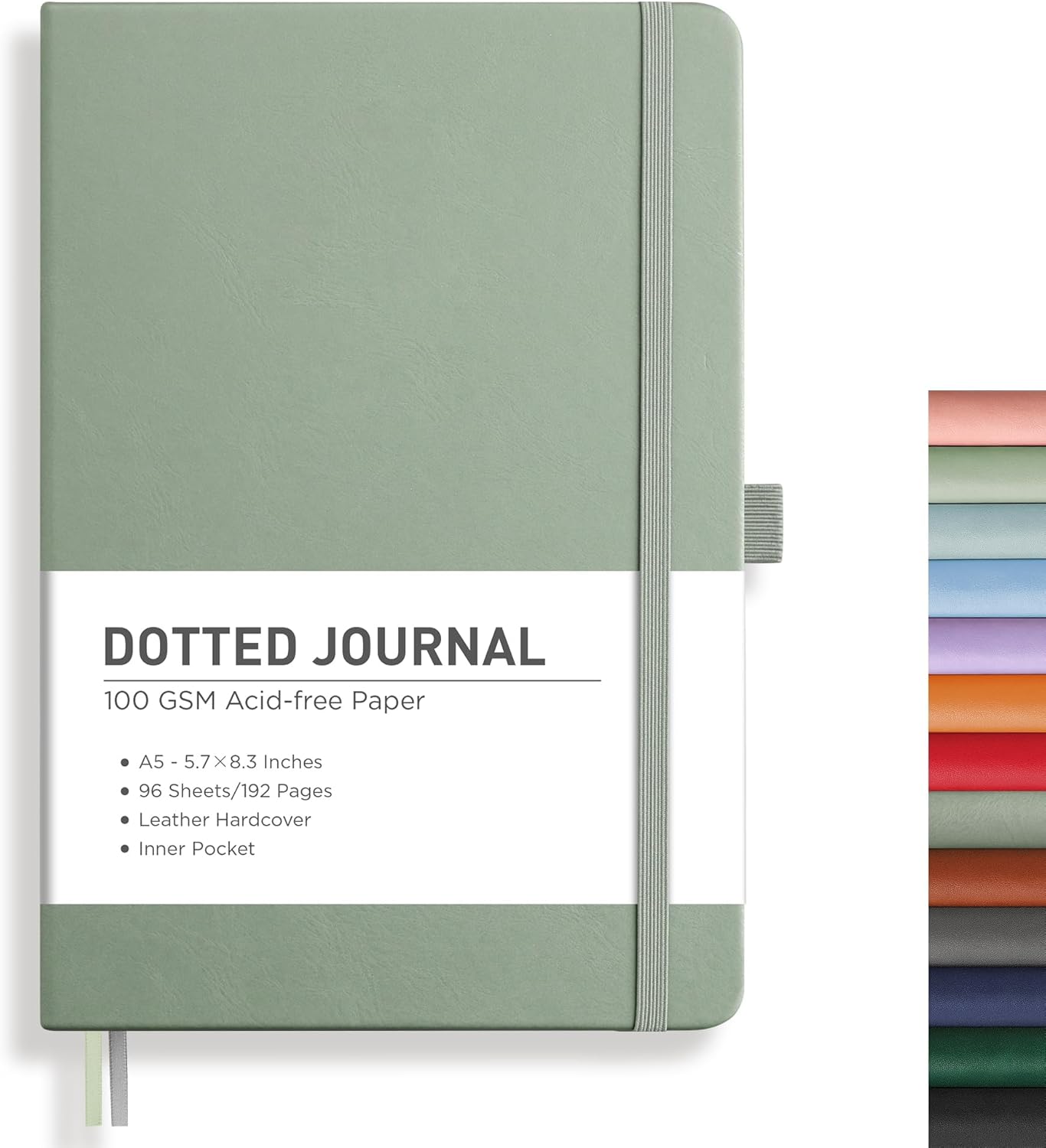 RETTACY Bullet Dotted Journal Notebook, 192 Pages, A5 Medium Size (5.7'' x 8.3''), Leather Hardcover, 100 GSM Thick Paper, for Bullet Journaling, Planning, Tracking (Sage Green)