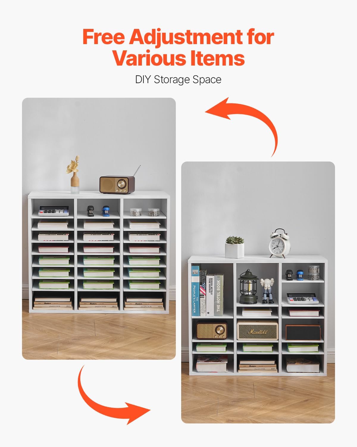 VEVOR Literature Organizer, 24 Compartments Office Mailbox with Adjustable Shelves, Wooden Mailbox Sorter Medium Density Fiberboard Office Home Classroom Storage for Files, Documents, Papers, White