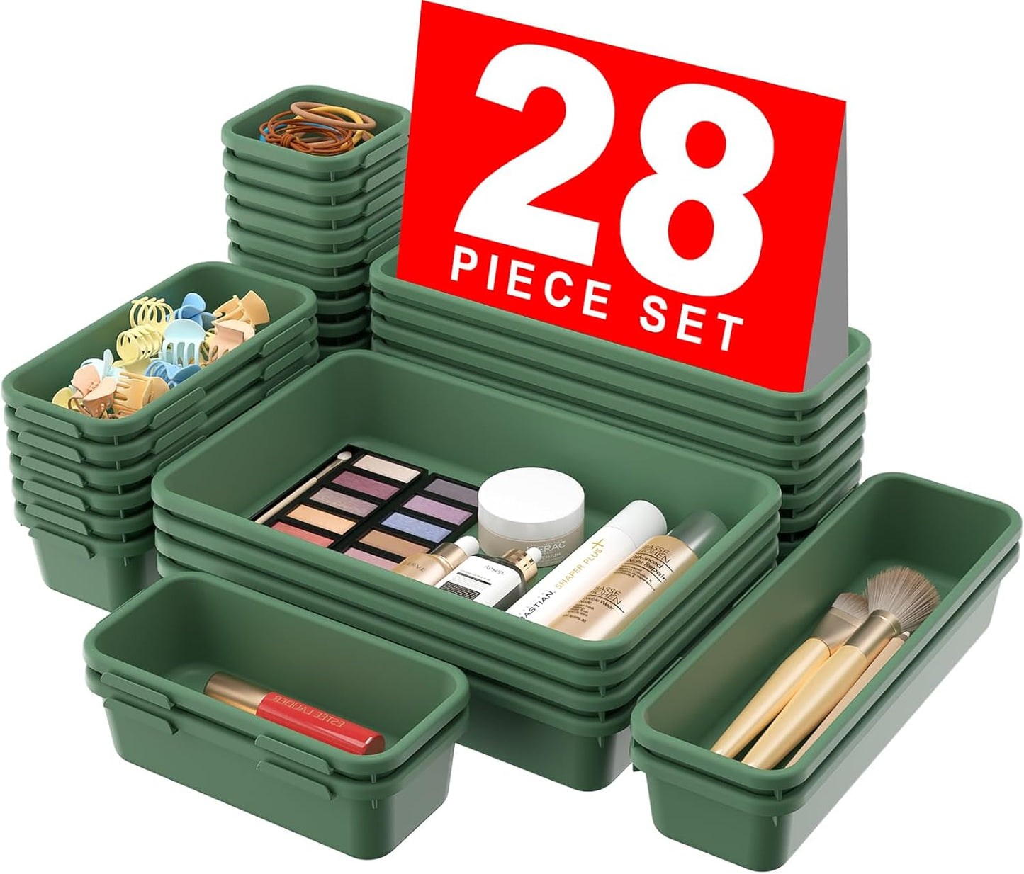 【28PCS】A-LUGEI Drawer Organizer, Bathroom Organizers and Storage, Makeup organizer, Desk drawer organizer, Storage Bins for Kitchen Office Bedroom Vanity Jewelry Pantry Garage【ArmyGreen】【4Size】