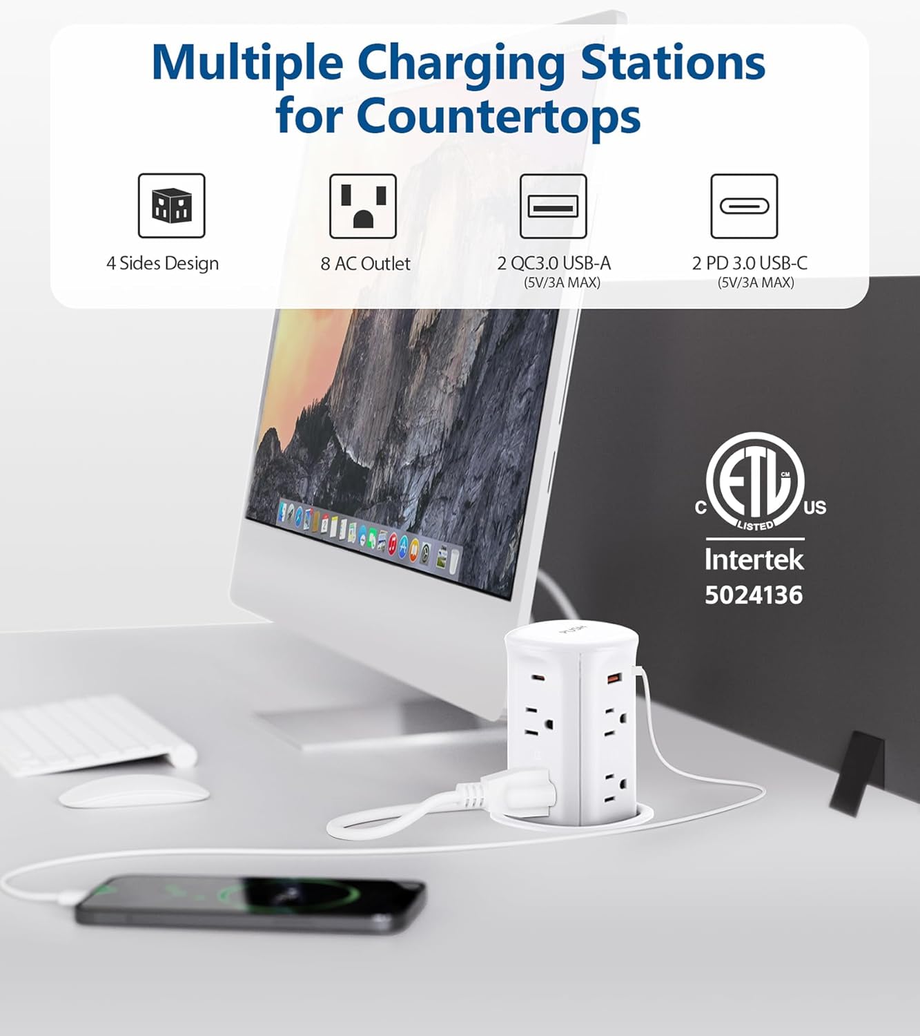 Pop up Outlet for Countertop,3 inch Hole Desktop Power Grommet,8 Outlets 4 USB Ports,15Amp Tamper Resistant Receptacle Flush Mount,Space Saver Recessed Outlet for Home,Office,ETL Listed