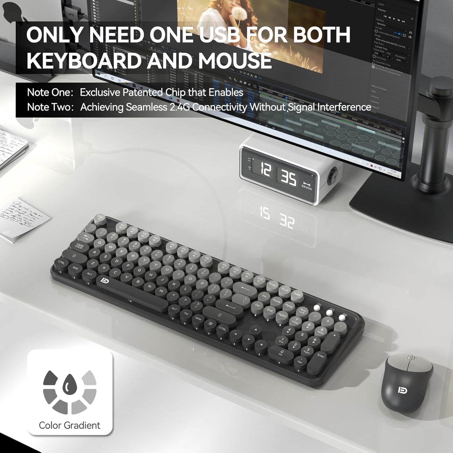 FD Wireless Keyboard and Mouse Combo - 2.4G Full-Sized Cute Colorful Mouse and Keyboard with 104 Round Keys Retro Typewriter Keyboards for Laptop/Windows/PC - Grey Gradient