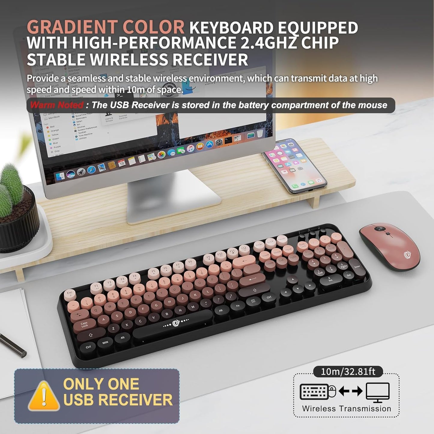 FOPETT Wireless Keyboard and Mouse Combo - 2.4G Full-Sized Cute Colorful Mouse and Keyboard with 104 Round Keys Retro Typewriter Keyboard for Laptop/Windows/PC - Pink Gradient
