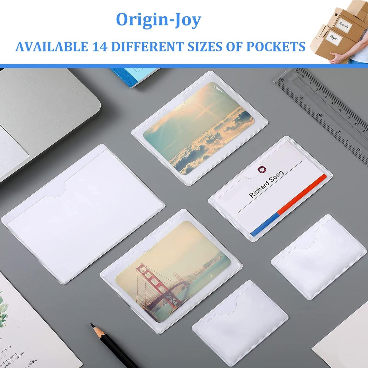 Origin-Joy 25 PCS Self-Adhesive Index Label Pockets, Clear Plastic Peel & Stick Card Holders with Top Open for Loading (3 x 2 inch)