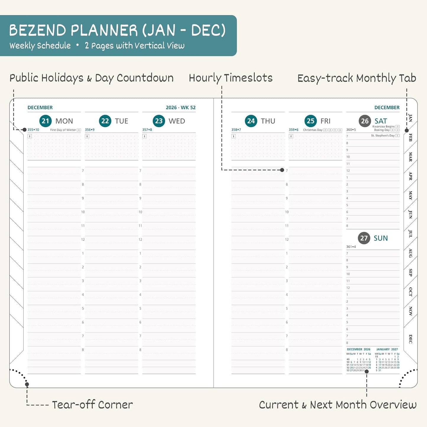 BEZEND 2026 Planner Weekly and Monthly (8.5" x 11") Daily Calendar with Half-Hourly Timeslots & Tab (Jan-Dec) Note & Expenses, Pen Holder, Inner Pocket, Vegan Leather Hardcover - Black