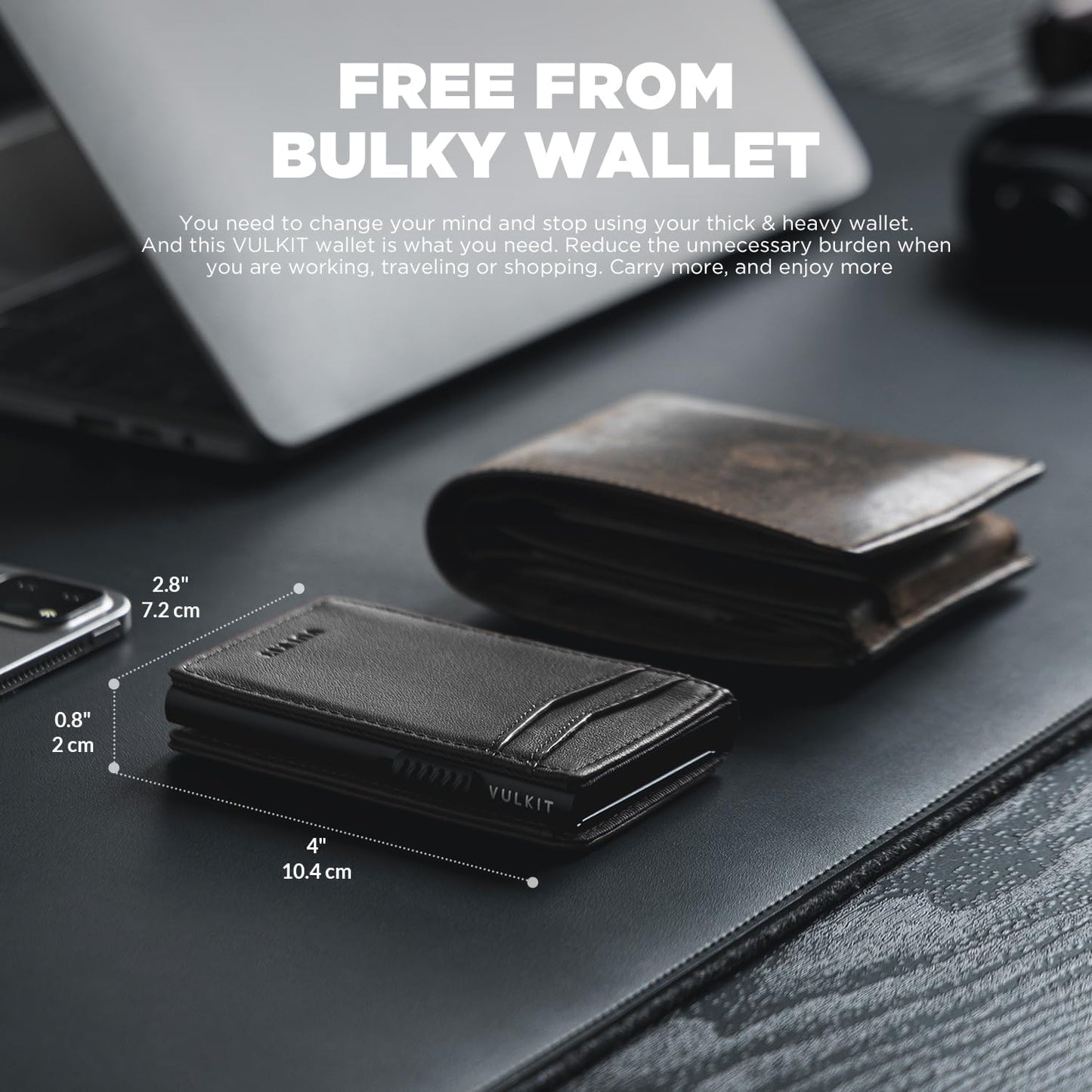 VULKIT Men's Wallet with ID Window Top Grain Leather RFID Blocking Minimalist Wallet Pop Up Card Holder Magnetic Closure